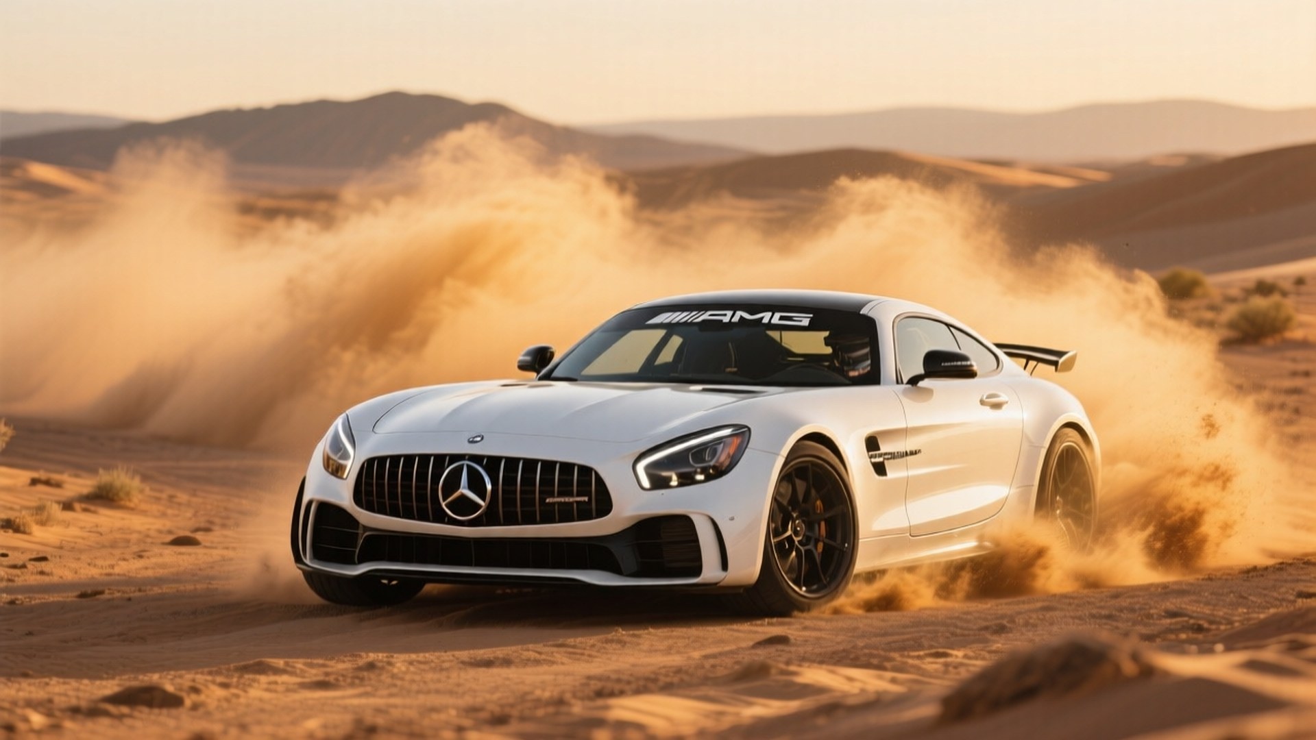 Xe Mercedes-AMG GT R màu trắng đang drift trên sa mạc vào giờ hoàng kim