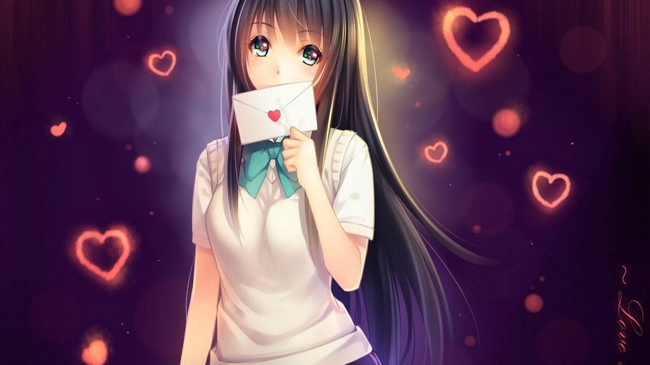 Hình nền cô gái anime tóc đen dài cắn thư tình