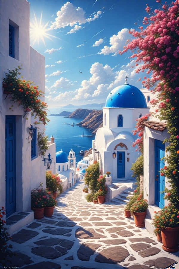 Mái vòm xanh và nhà trắng Santorini Hy Lạp 4K Hình nền