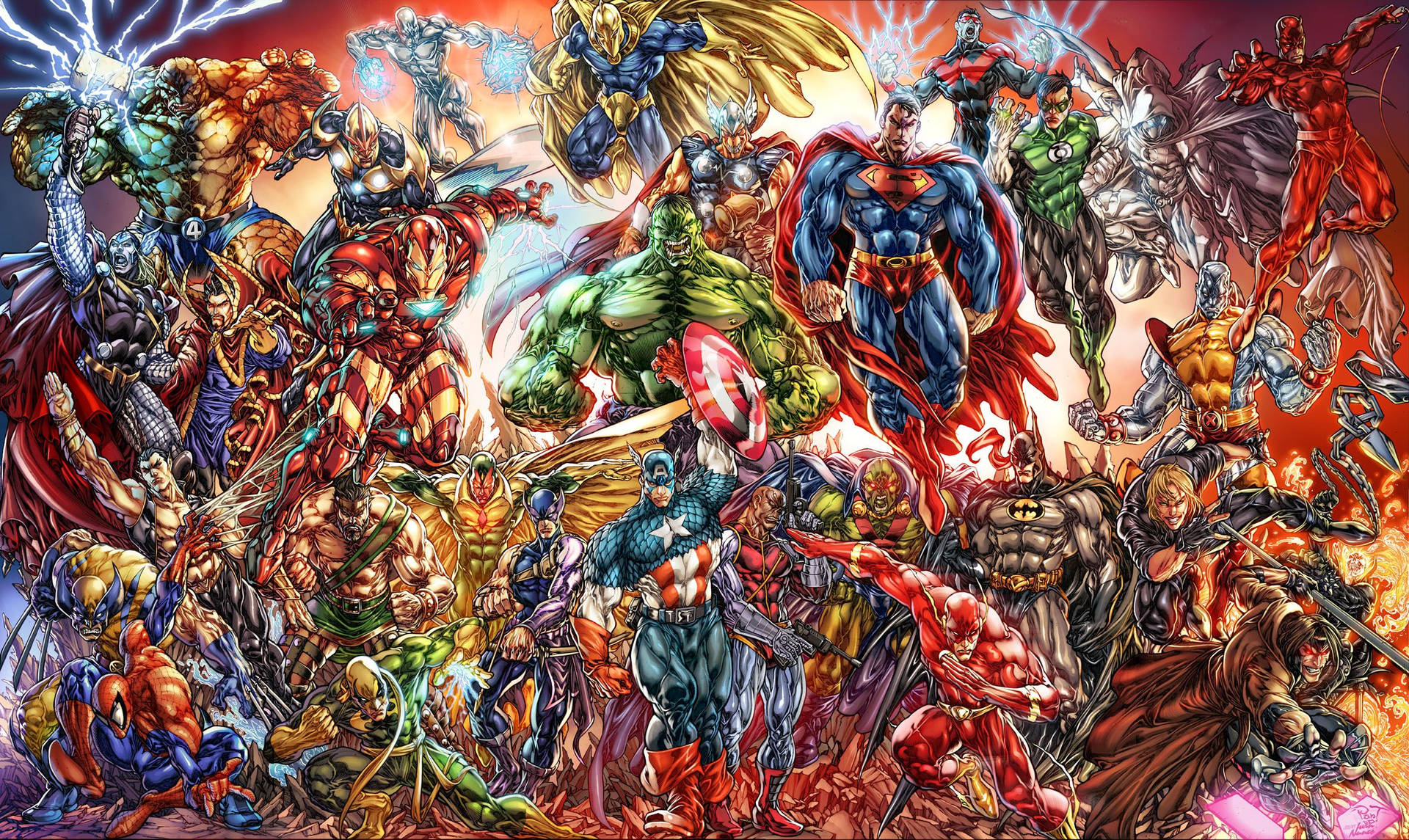 Marvel Comics với màu sắc tươi sáng và hình vẽ phát sáng.