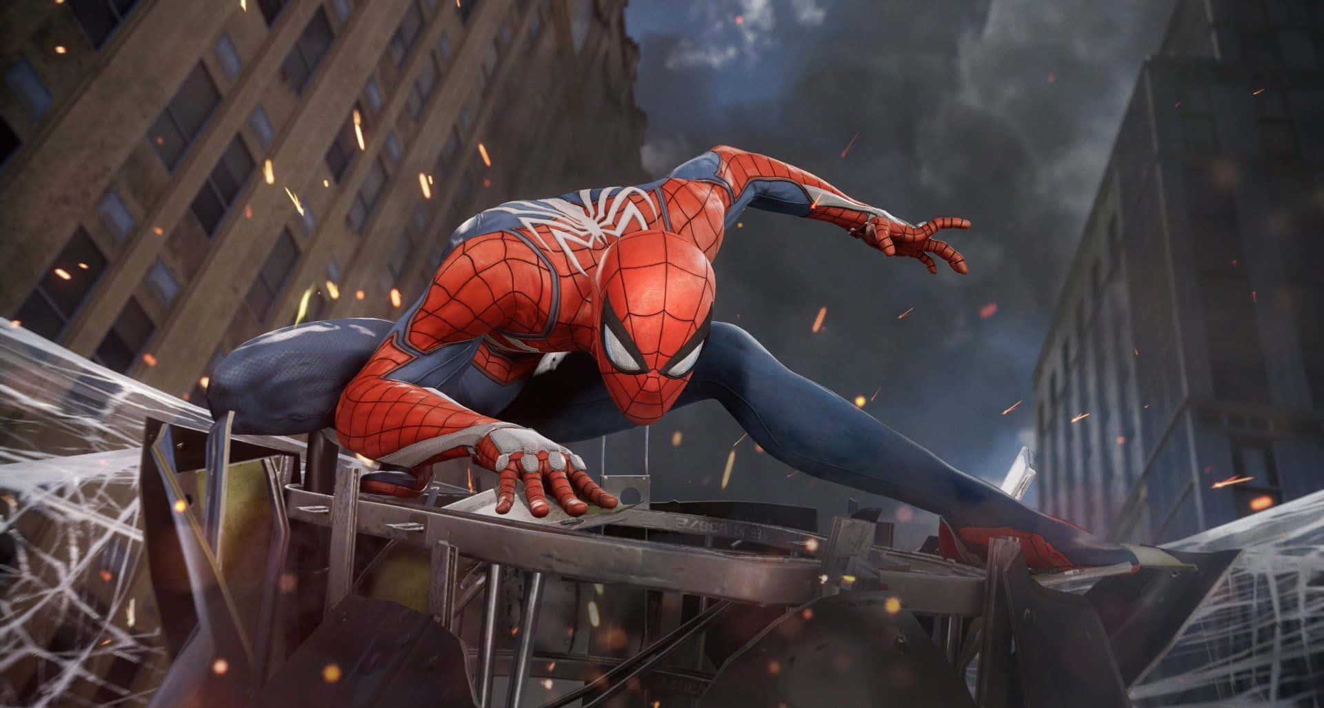 Marvel PS4 Người Nhện Tạo Dáng Trên Đống Đổ Nát Hình nền