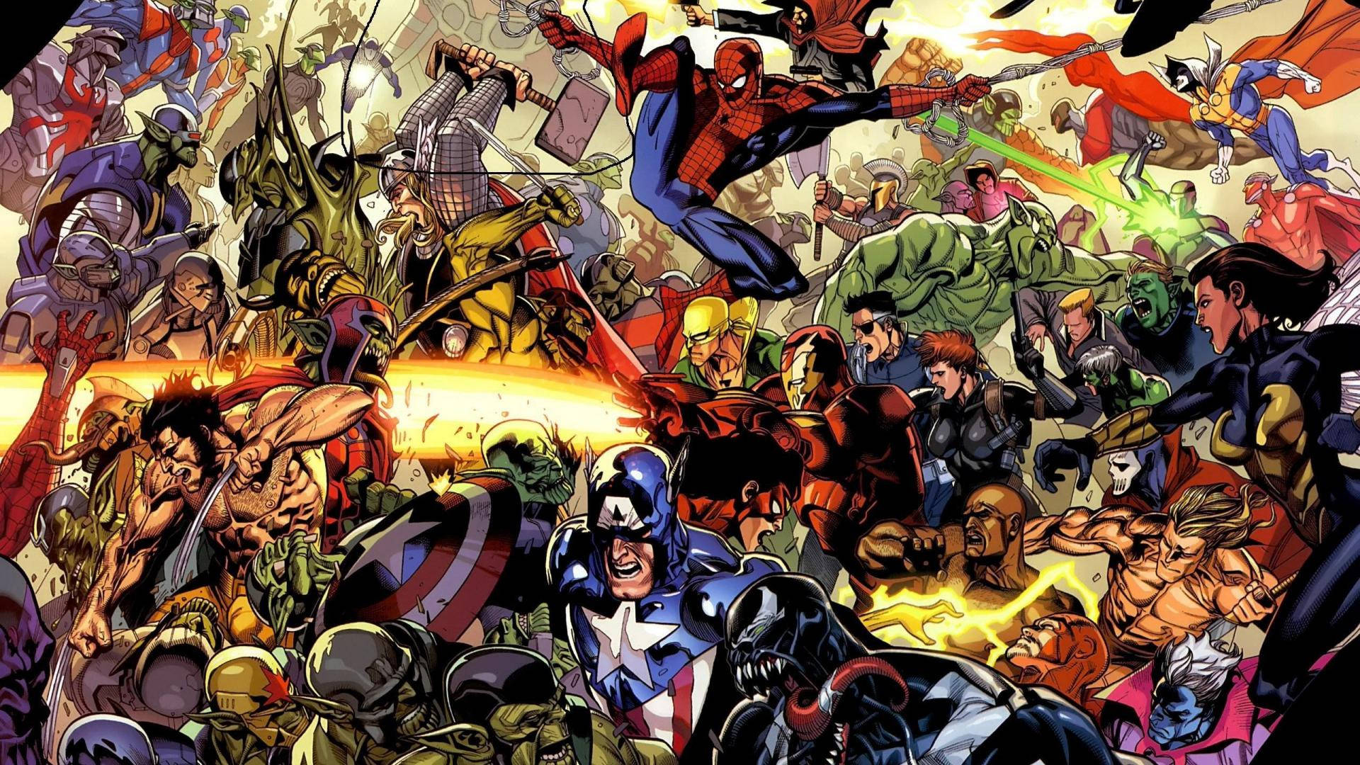 Siêu anh hùng Marvel và kẻ phản diện trong một nền truyện tranh.
