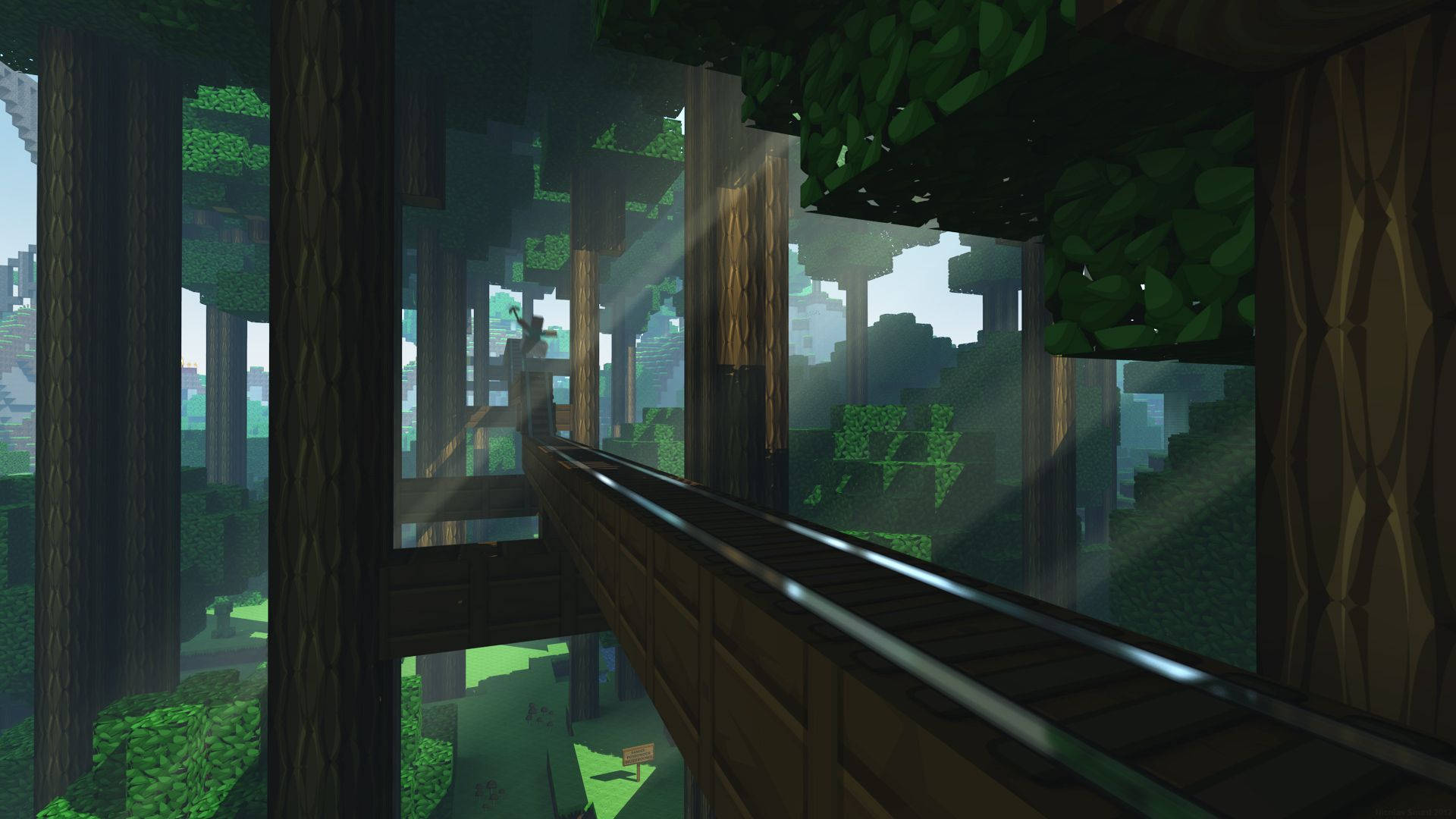 Mặt trời chiếu rọi xuống khu rừng rộng lớn trong Minecraft Hình nền