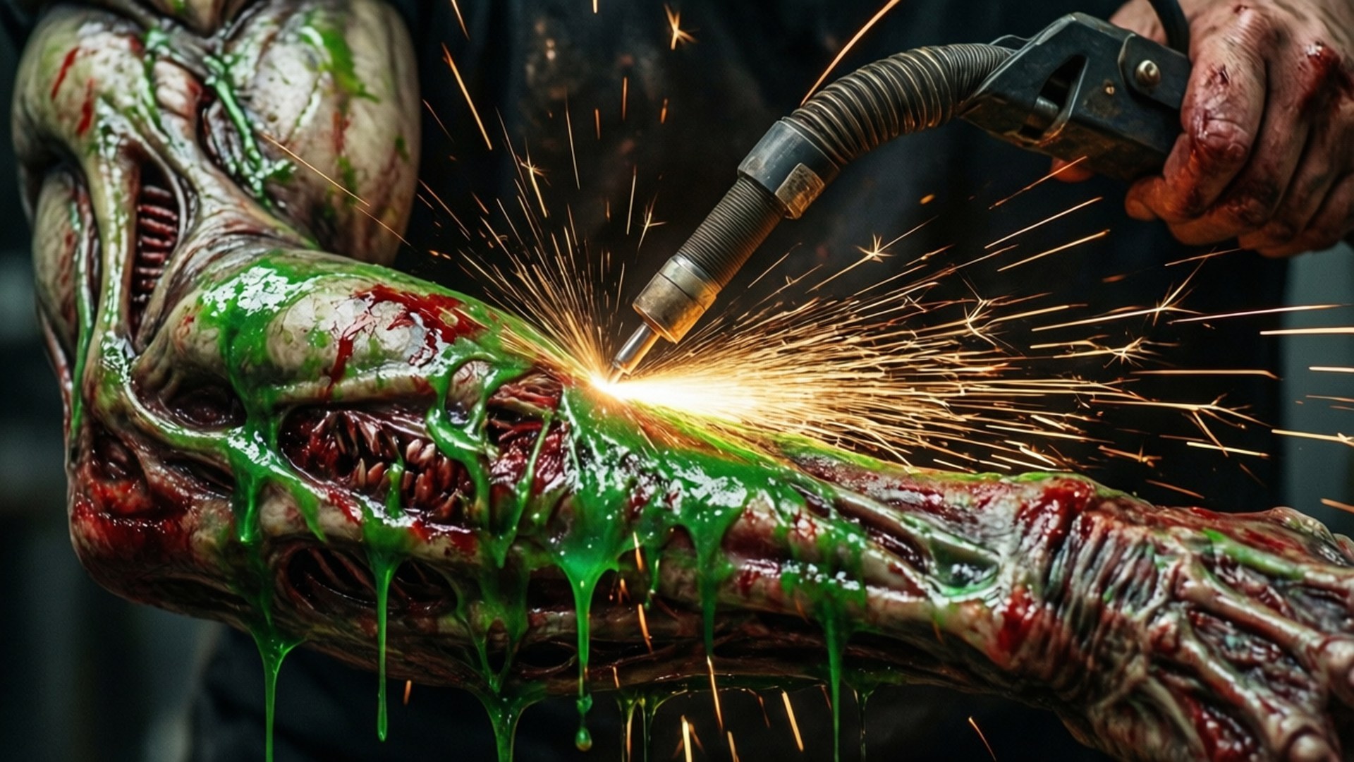 Một máy cắt plasma xé toạc xác một necromorph một cách dữ dội.