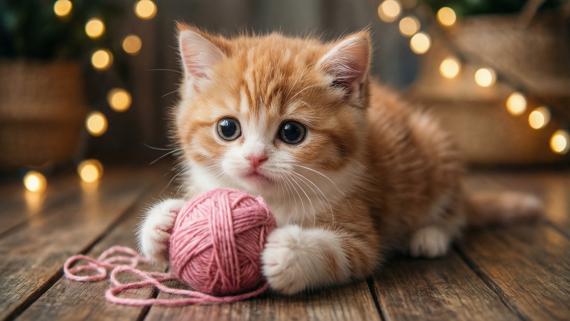Mèo Con Ấm Áp Với Cuộn Len Hình nền