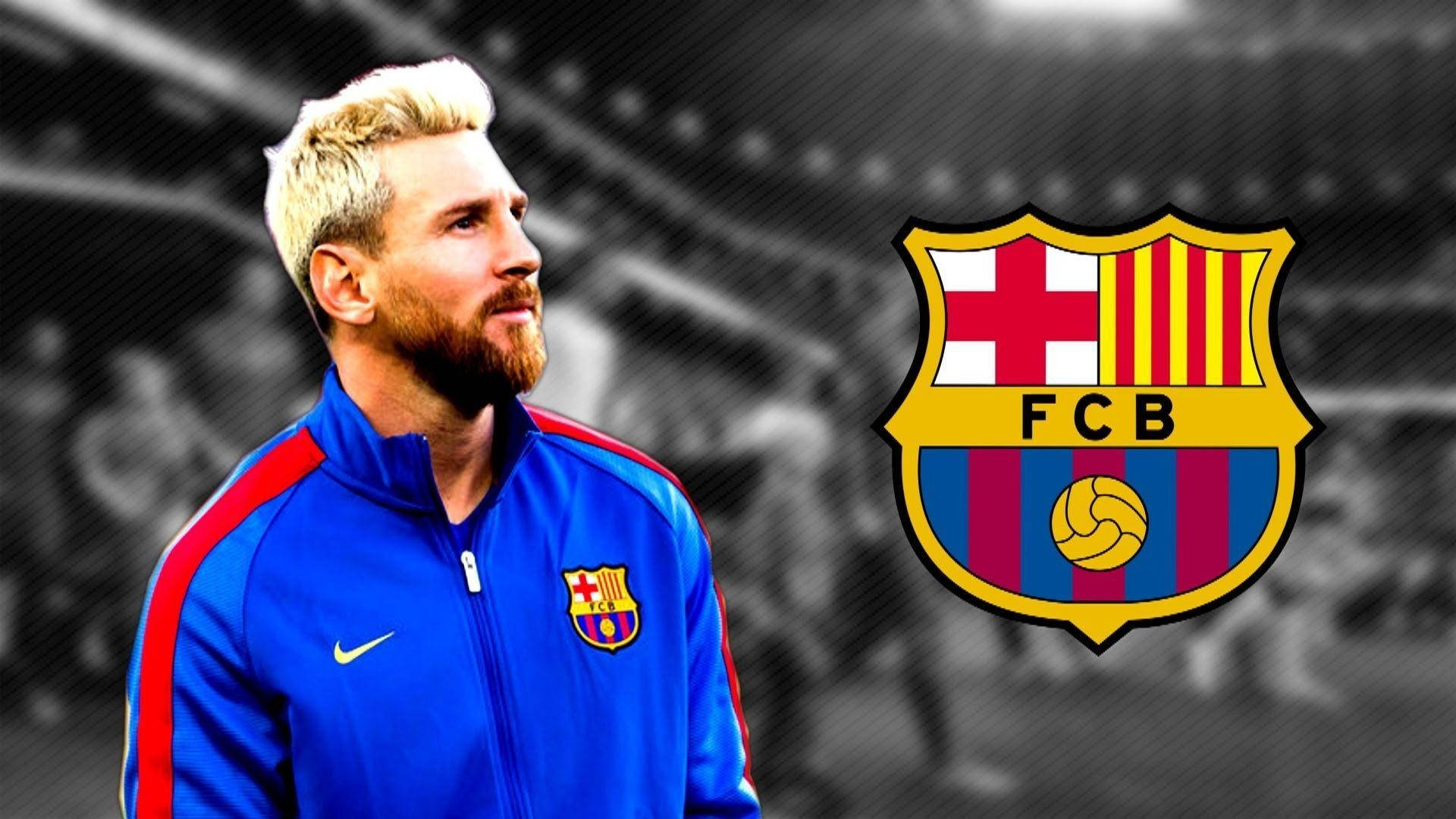 Hình nền Lionel Messi bên cạnh logo FCB trên ảnh xám