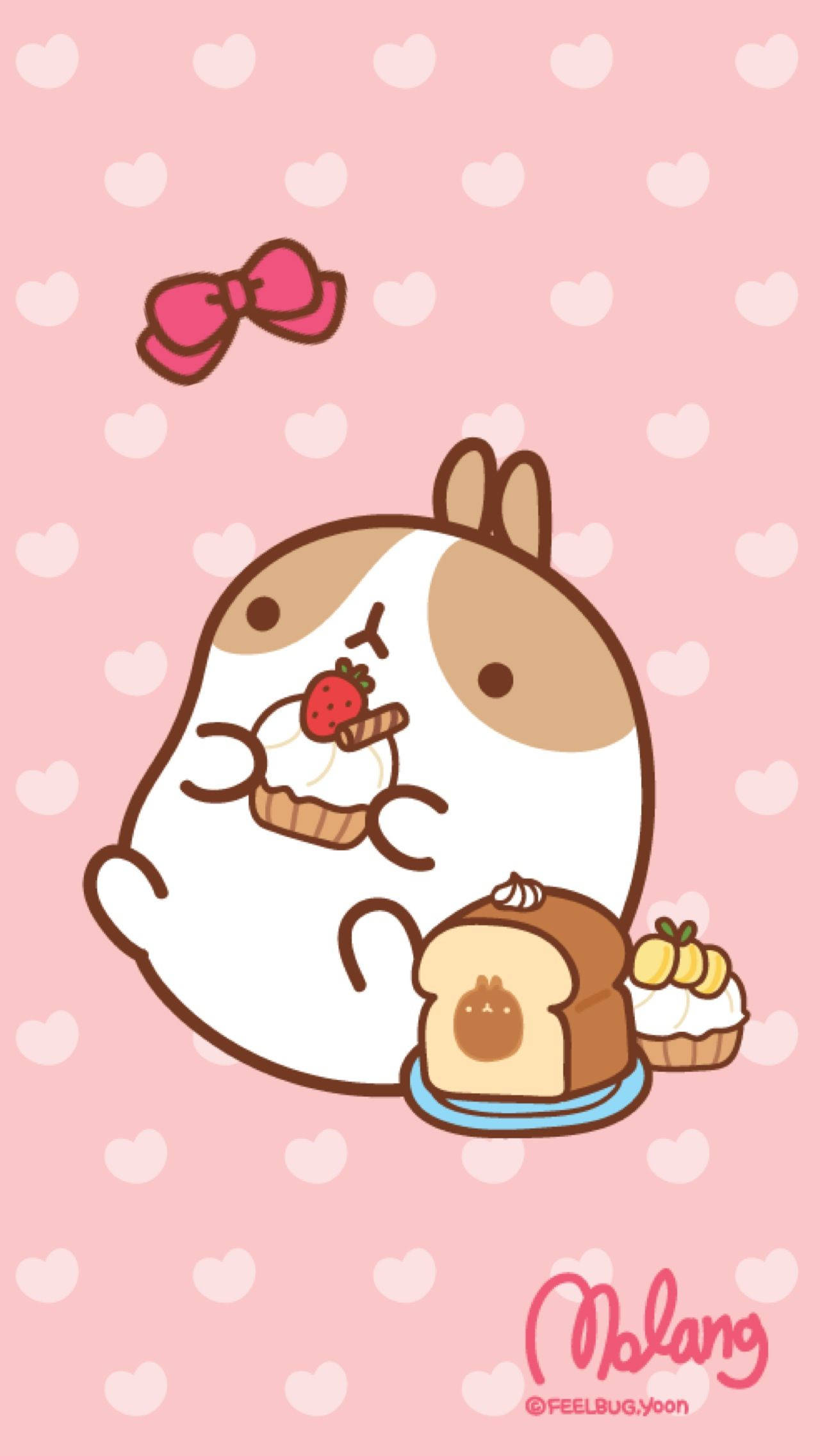 Molang Ăn Trên Nền Chấm Bi Hồng Dễ Thương Hình nền