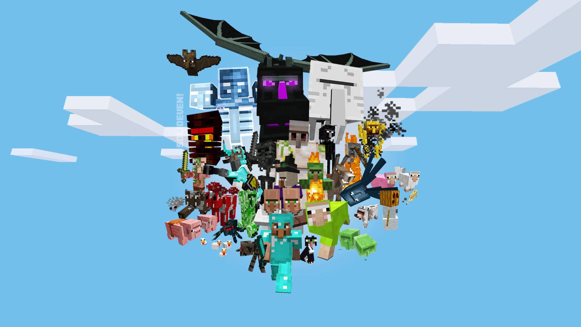 Hình nền các sinh vật Minecraft tụ họp trên bầu trời