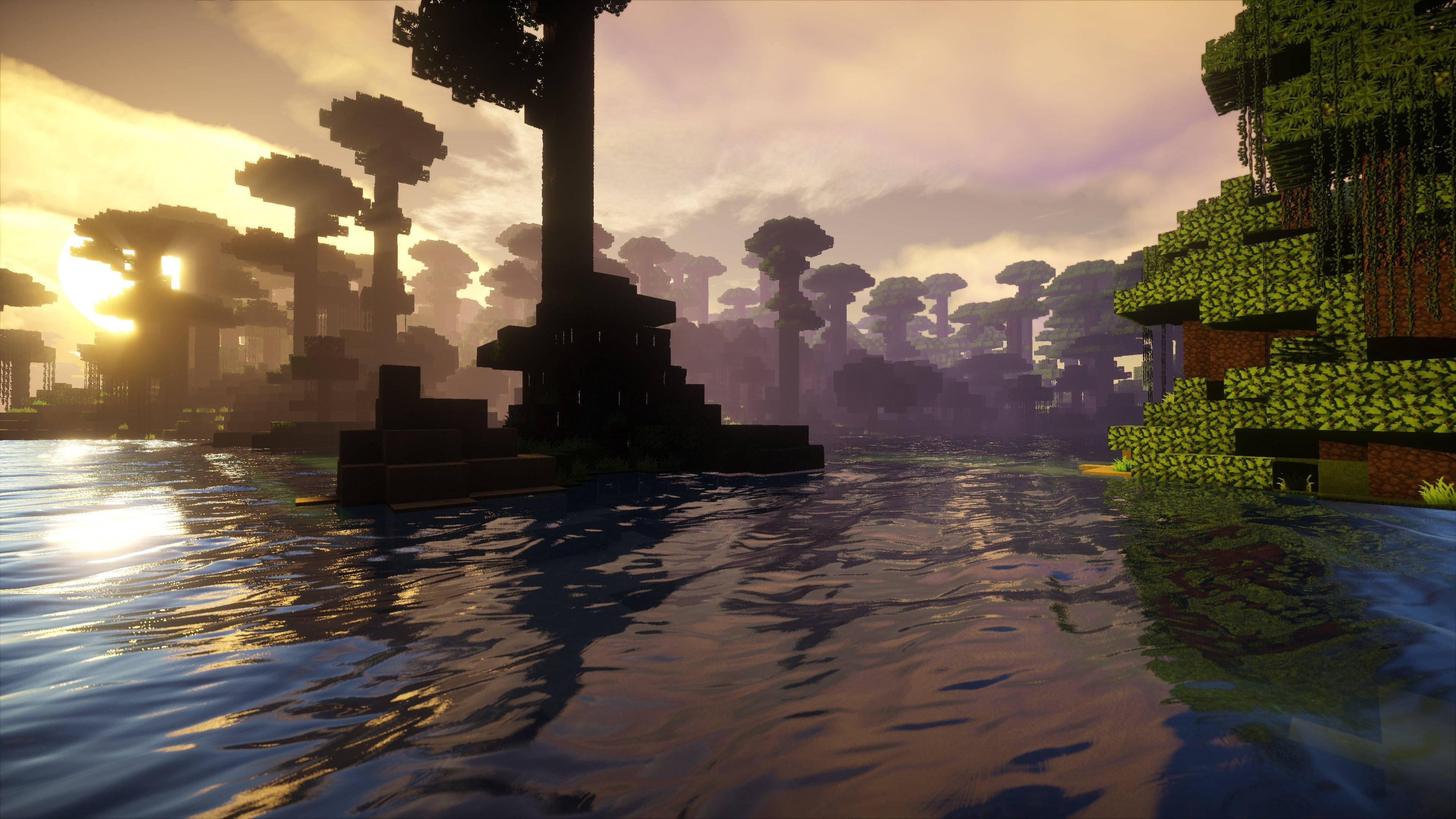 Một buổi tối yên bình trong khu rừng Minecraft ngập nắng Hình nền
