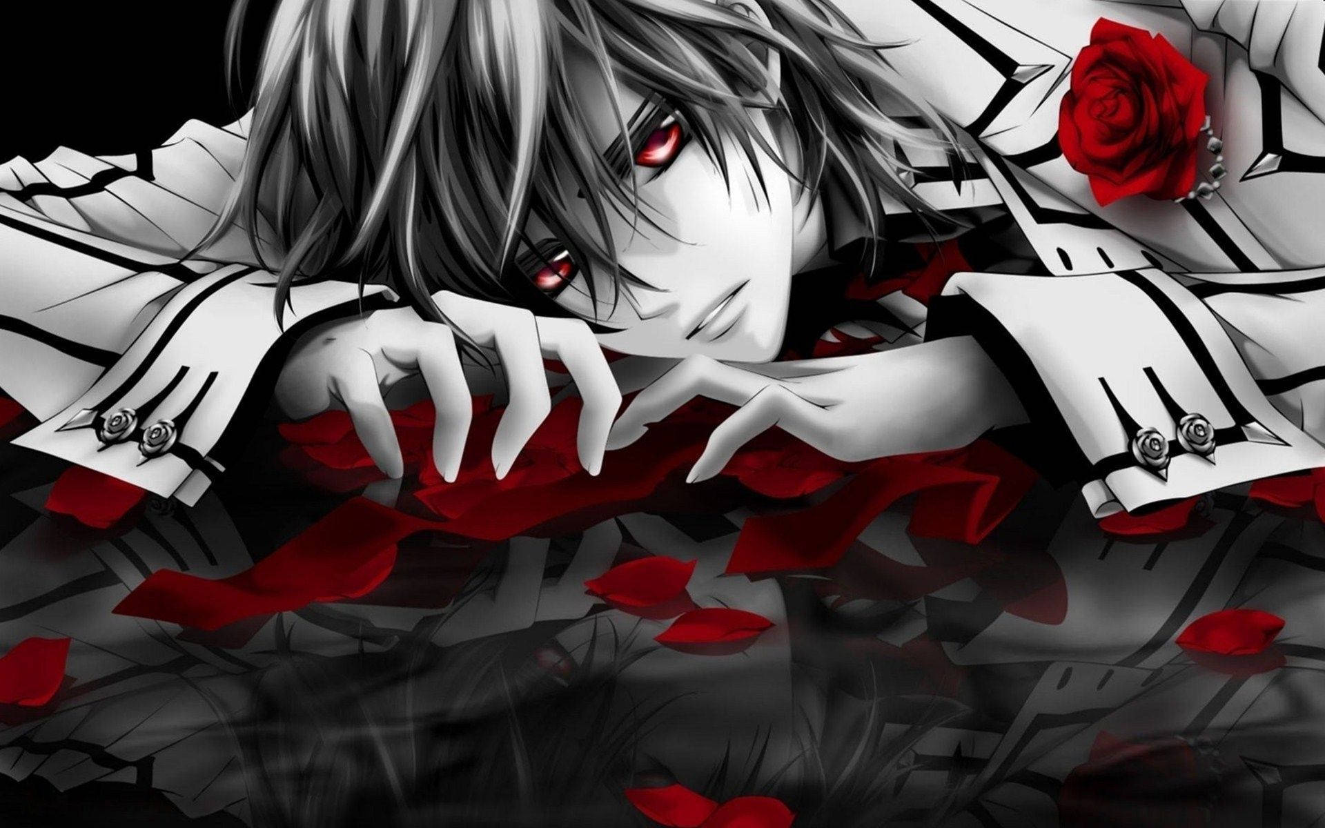 Hình nền cậu bé anime xanh xao với bông hồng đỏ.