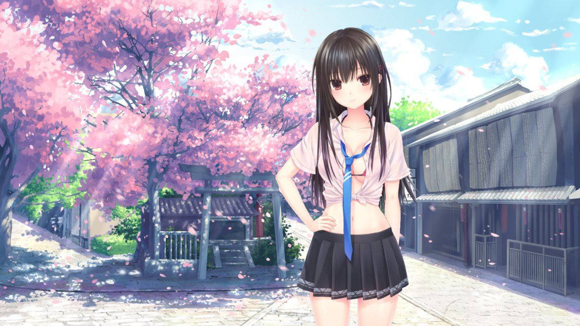 Một cô gái anime nhìn xa xăm giữa những cánh hoa anh đào. Hình nền
