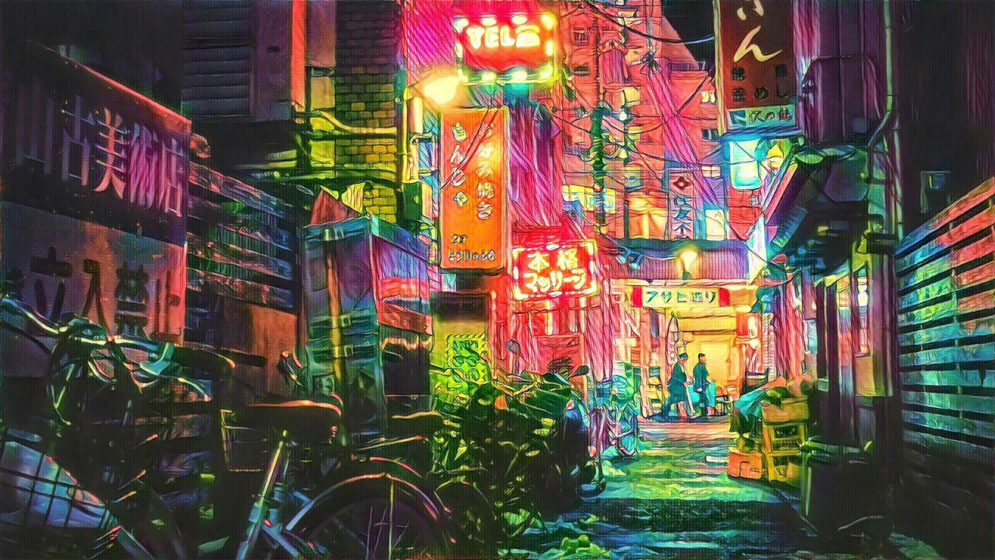 Một con hẻm đèn neon với chiếc xe đạp và biển hiệu Hình nền