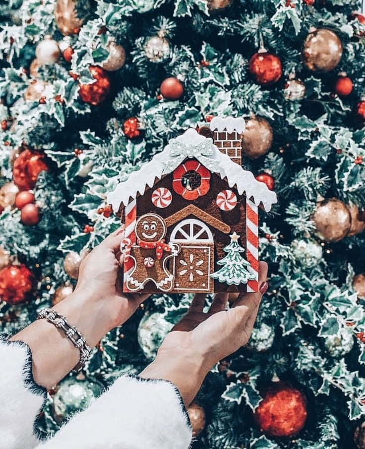 Một người cầm ngôi nhà bánh gừng trước cây thông Noel Hình nền