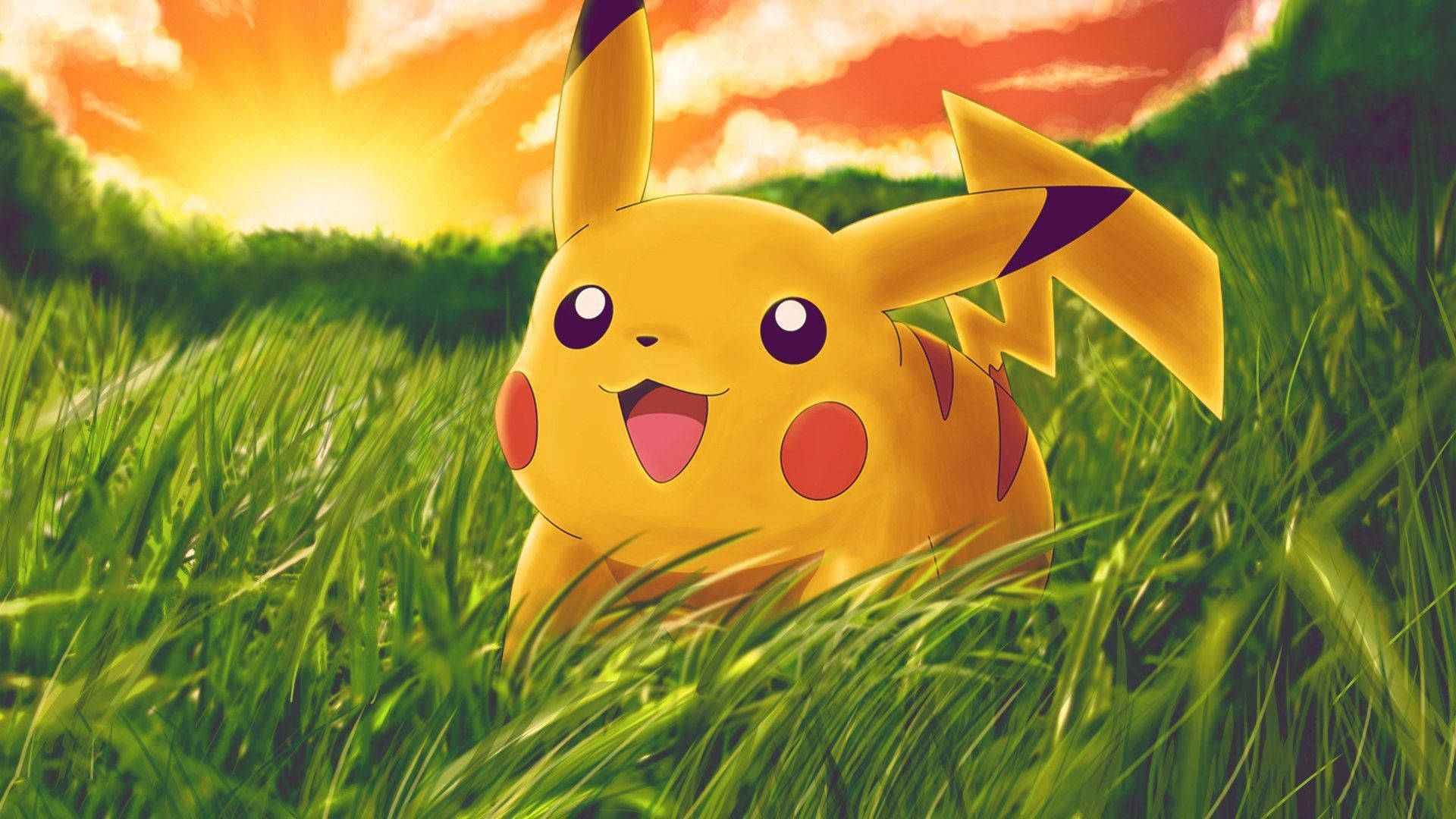 Hình nền Pikachu trên cánh đồng với hoàng hôn phía sau.