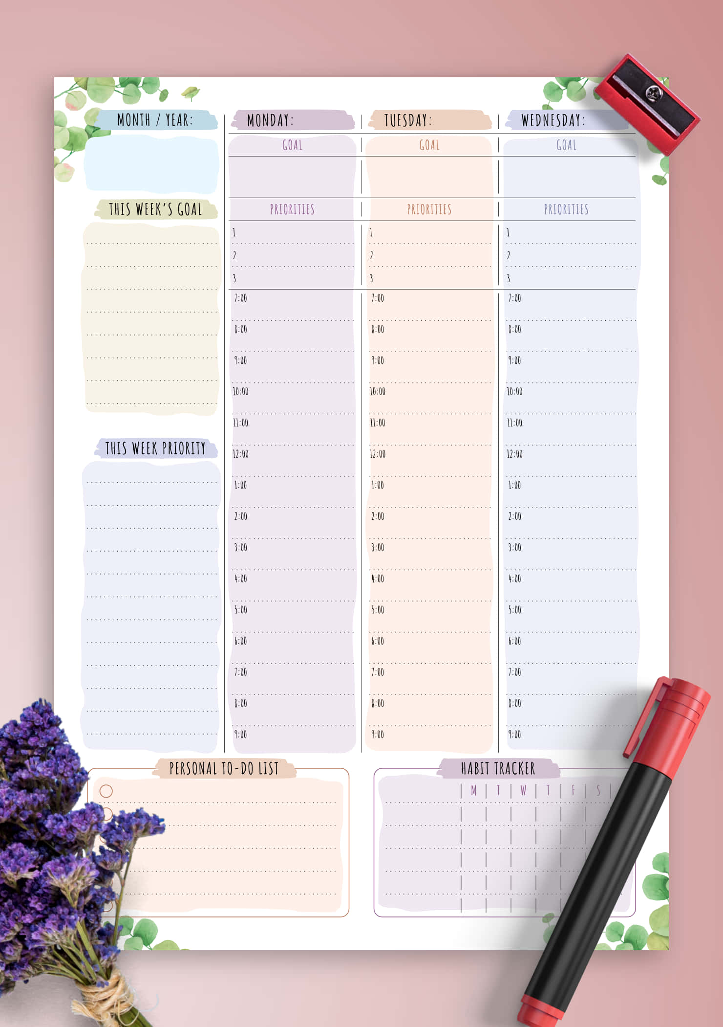 một tờ lịch in được với hoa tím và một cây bút Hình nền