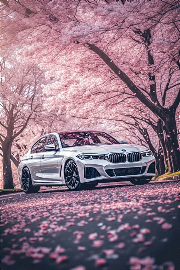 Mùa Xuân Thẩm Mỹ BMW Trắng Bóng Dưới Hoa Anh Đào Hình nền