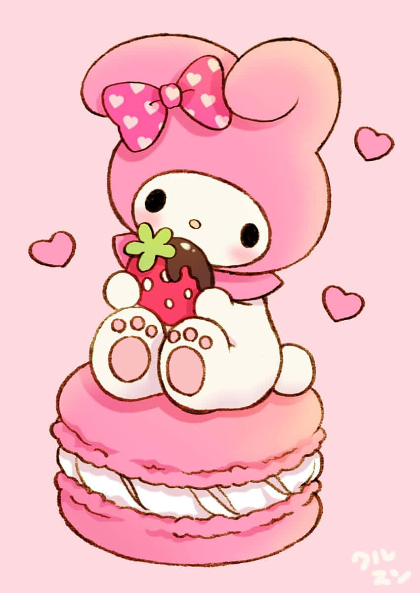 My Melody Dễ Thương Ăn Dâu Tây Trên Bánh Macaron