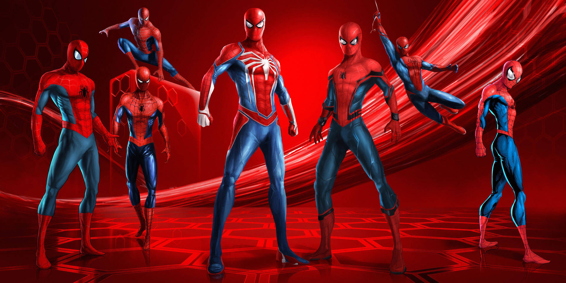 Nhiều Người Nhện đứng và treo trên nền đỏ, các siêu anh hùng Marvel.