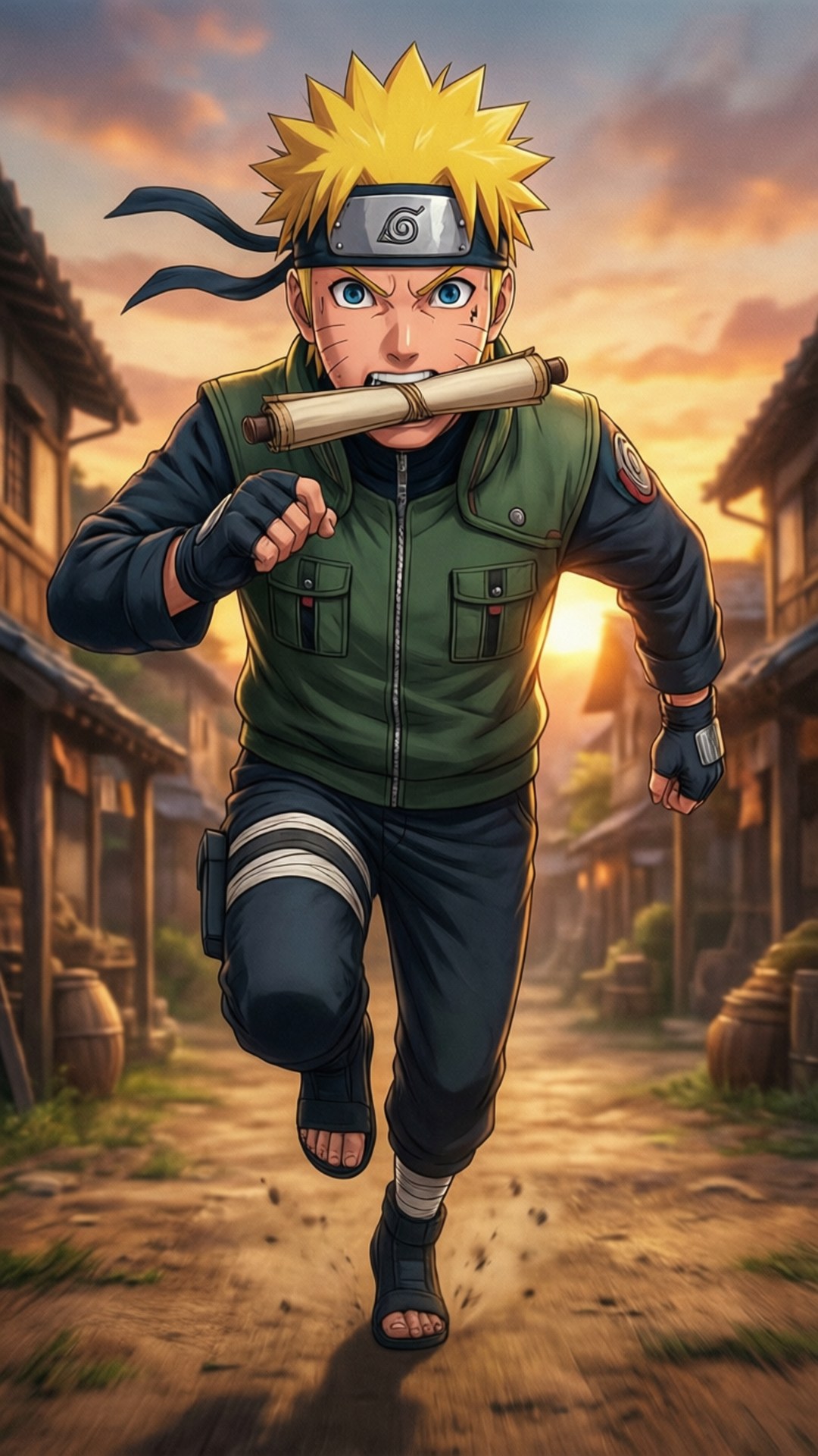 Naruto đang chạy với cuộn giấy trong hành động.