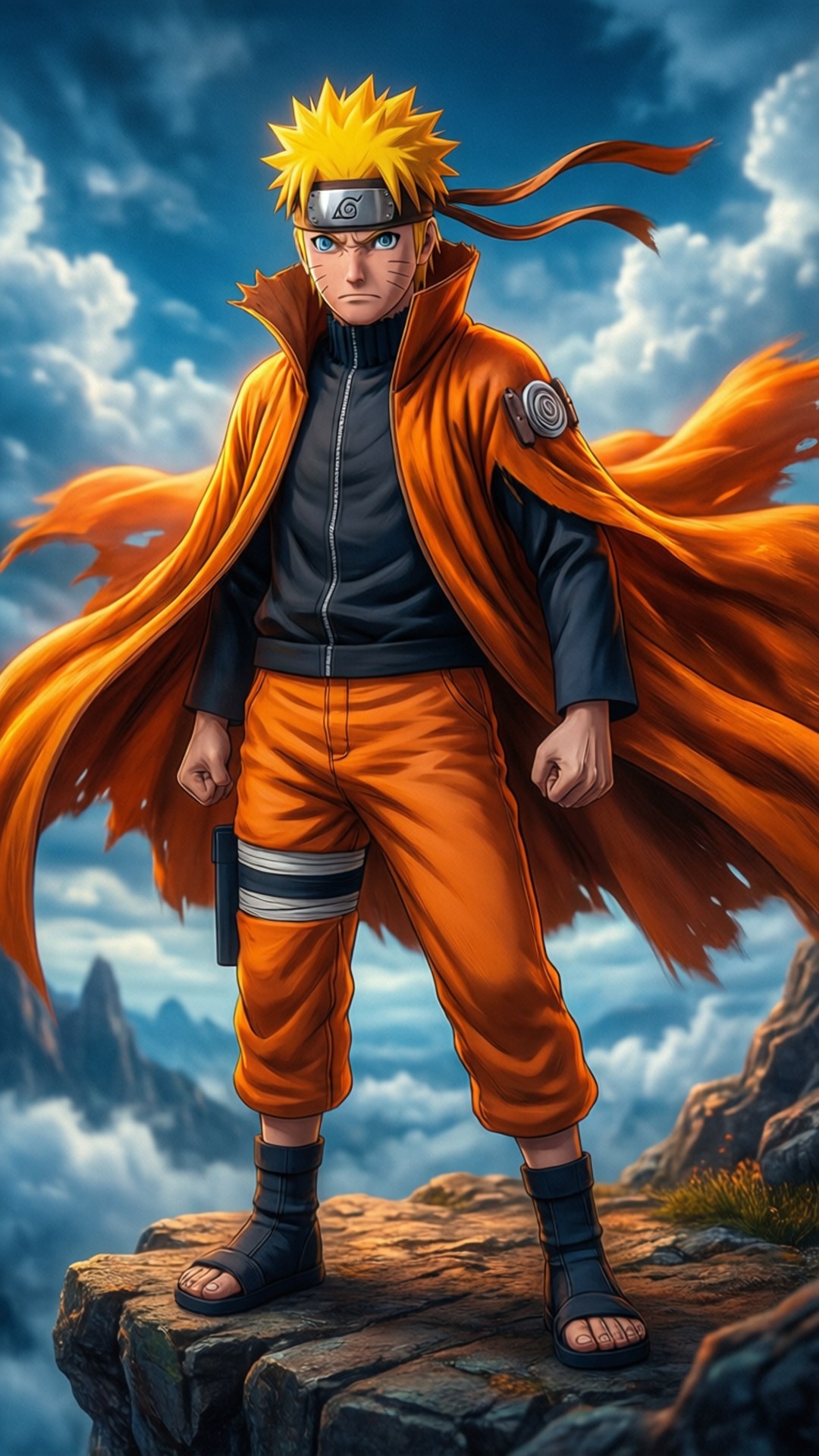 Naruto trong chế độ Sage Mode nhìn lên bầu trời đầy kịch tính.