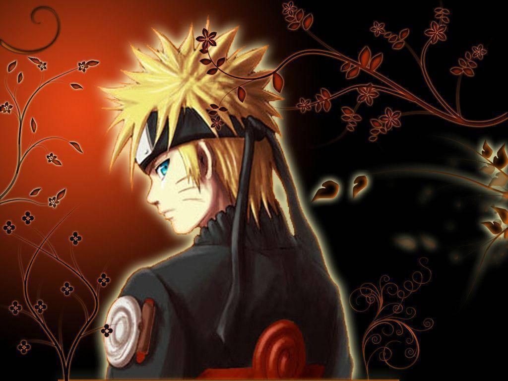 Naruto Uzumaki mặc đồng phục Konoha trên nền đỏ và đen với dây leo và hoa.
