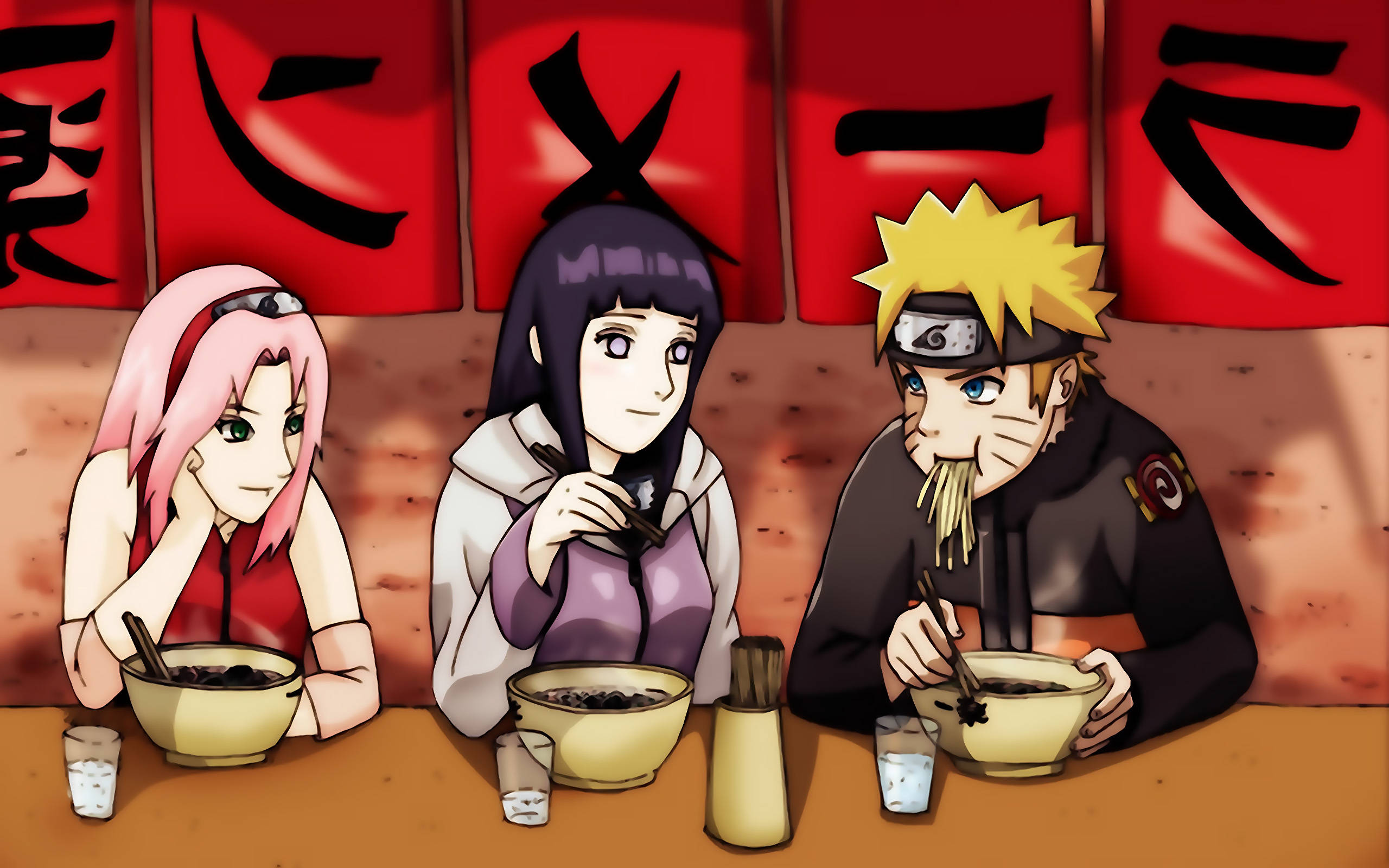 Naruto và Hinata cùng Sakura ăn mì ramen Hình nền
