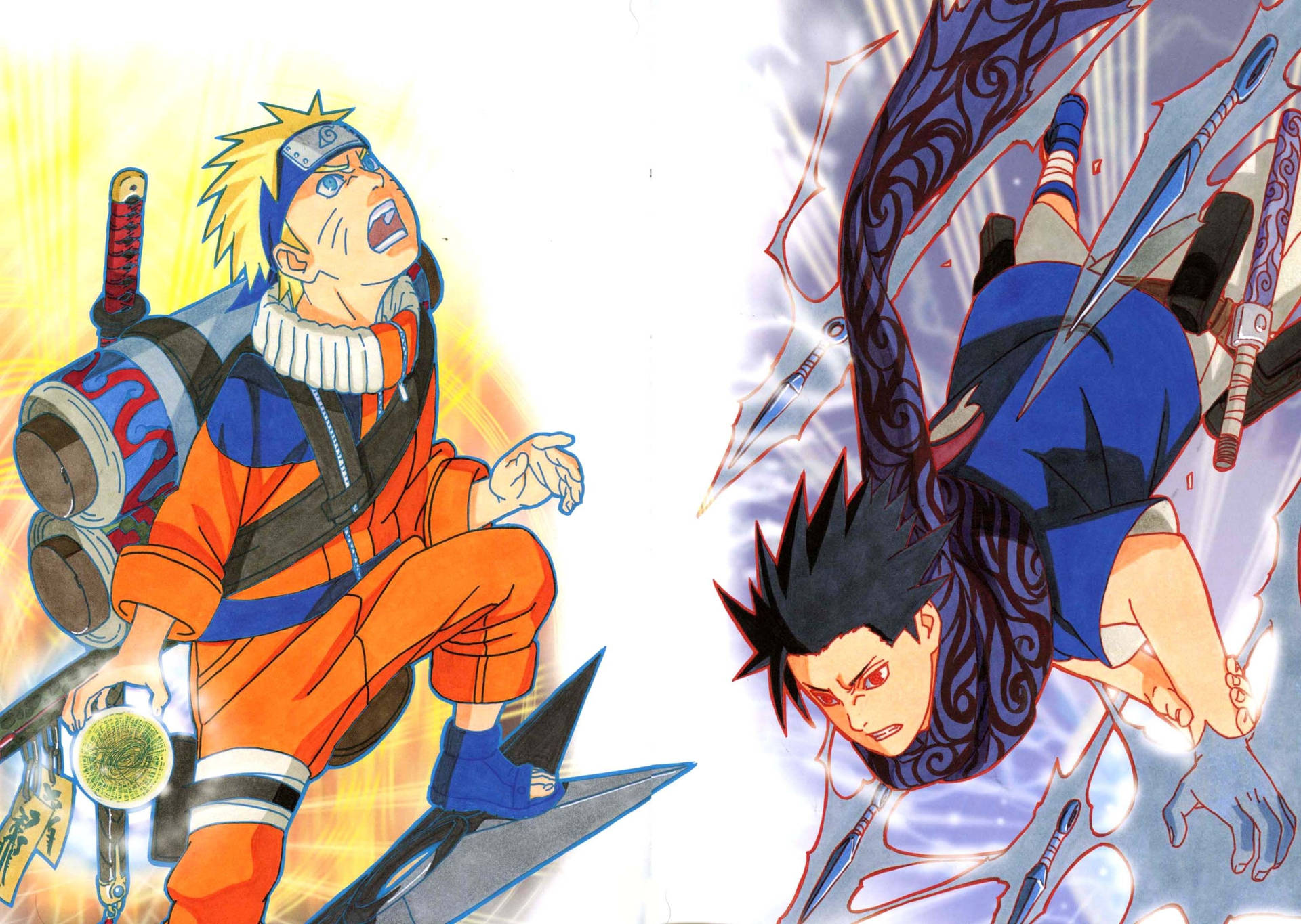 Naruto và Sasuke luyện tập chakra với shuriken và kunai.