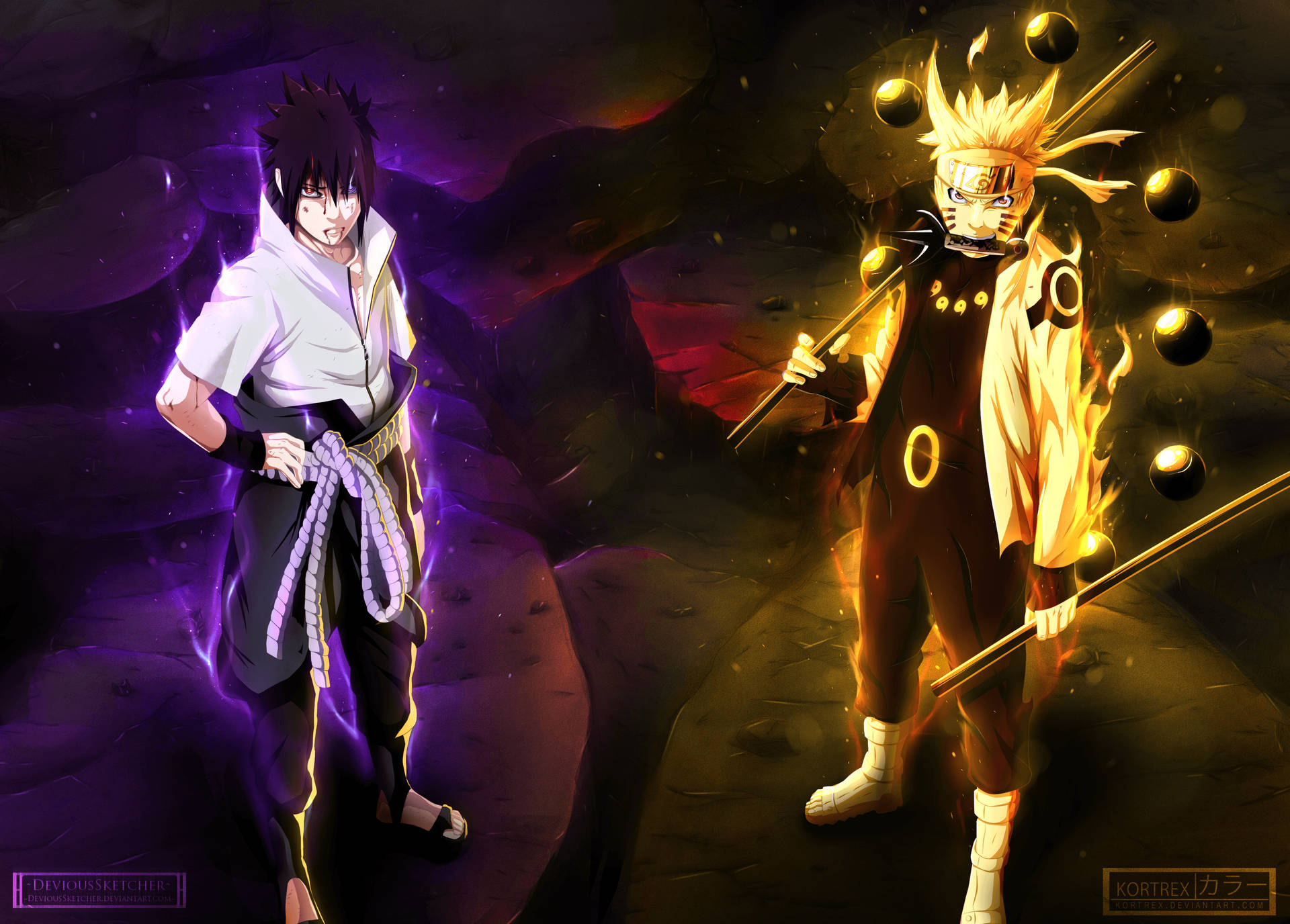 Hình nền Naruto và Sasuke đối thủ rực sáng.