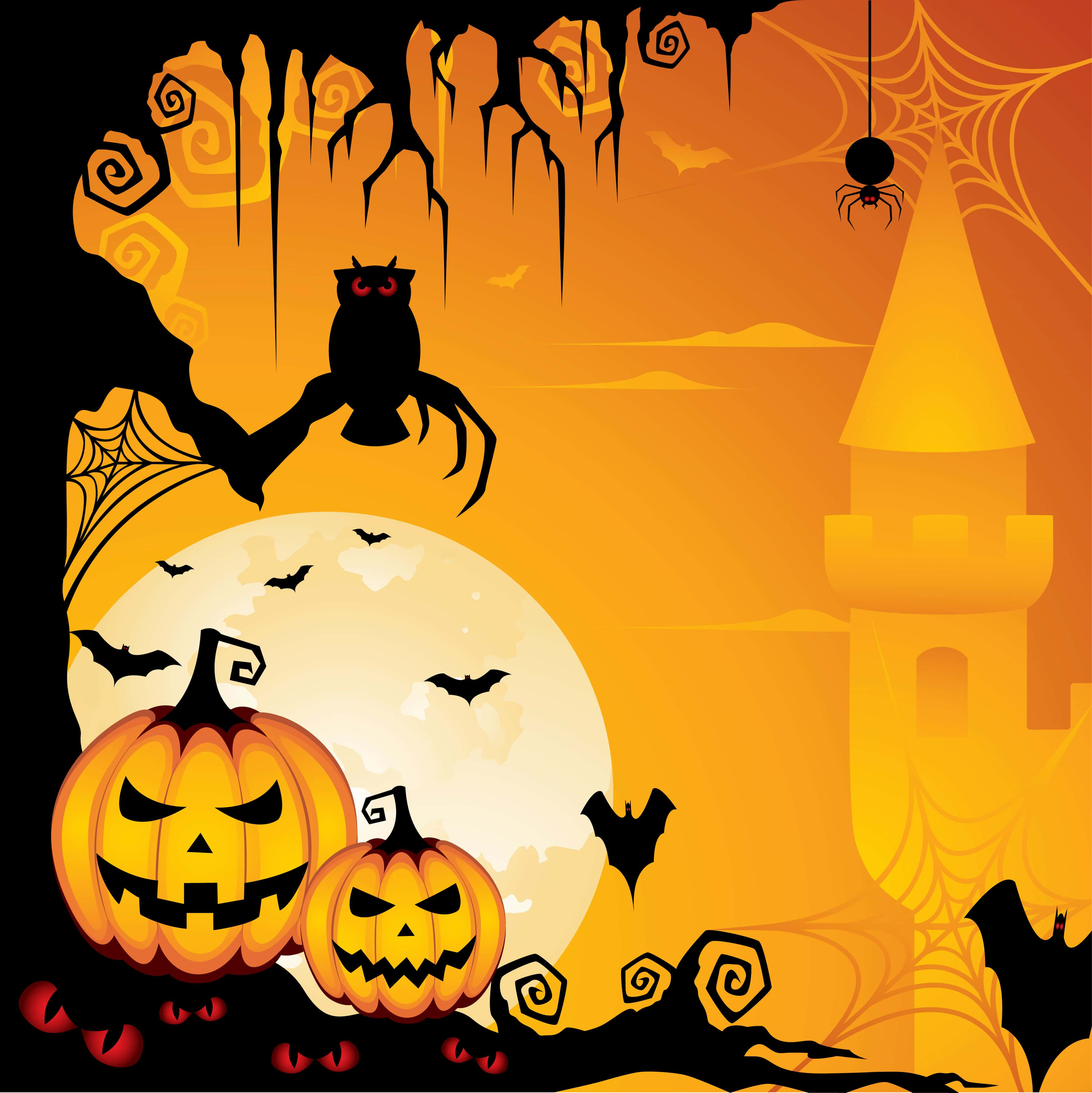 Nền Halloween với bí ngô và lâu đài Hình nền