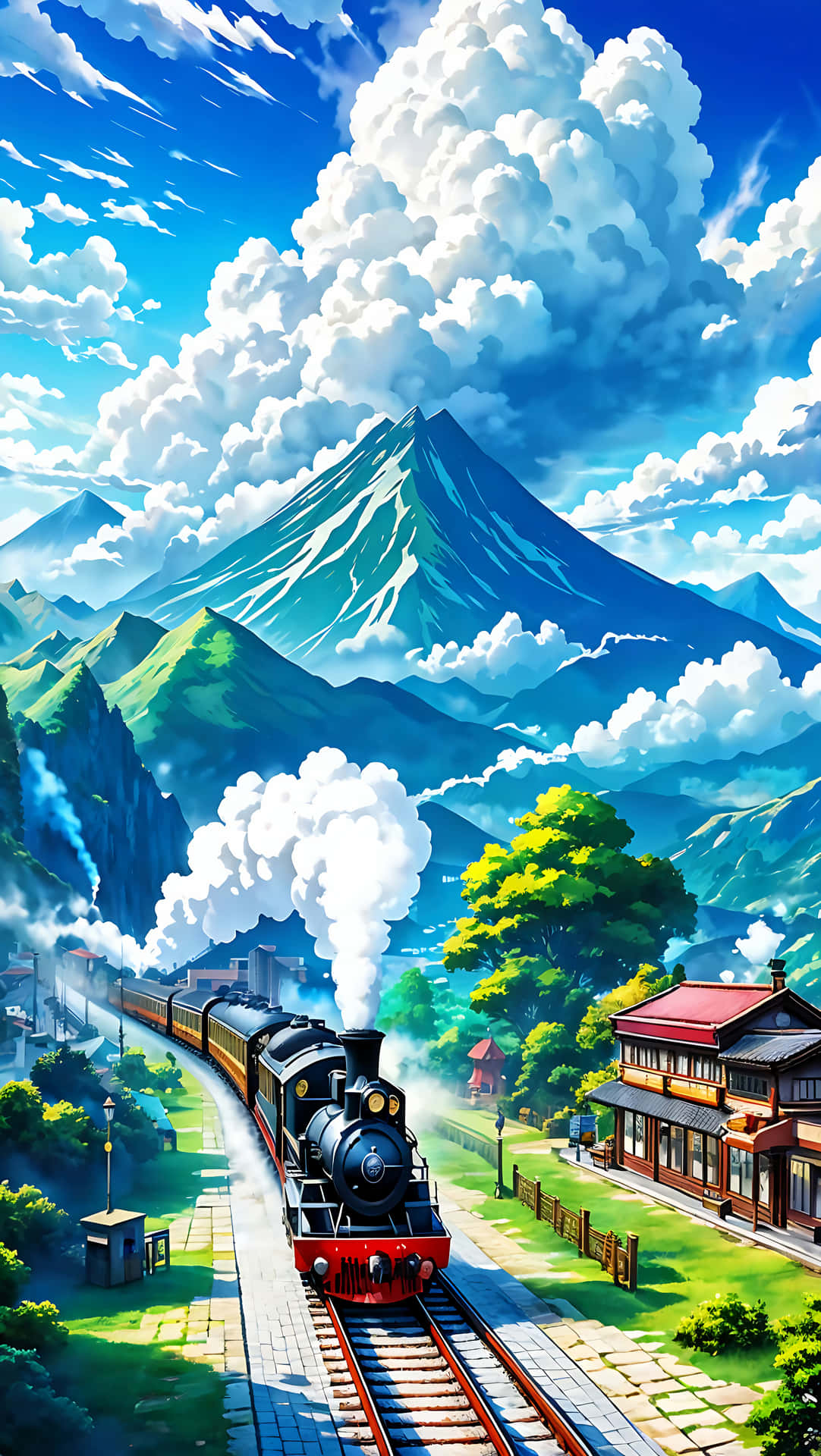 anime, thiên nhiên anime, tàu hỏa, thiên nhiên, lofi, nền lofi, ga tàu, đường sắt, hình nền, nền, 4k, hoạt hình, phong cách anime, cảnh, Núi, phong cảnh lofi, thiên nhiên lofi, Bầu trời, Tàu hỏa trên núi