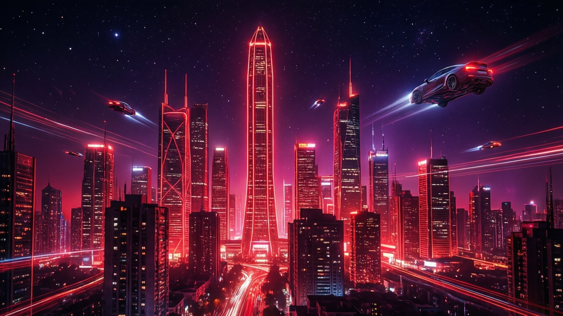 Neon Đỏ Đường Chân Trời Cyberpunk Hình nền