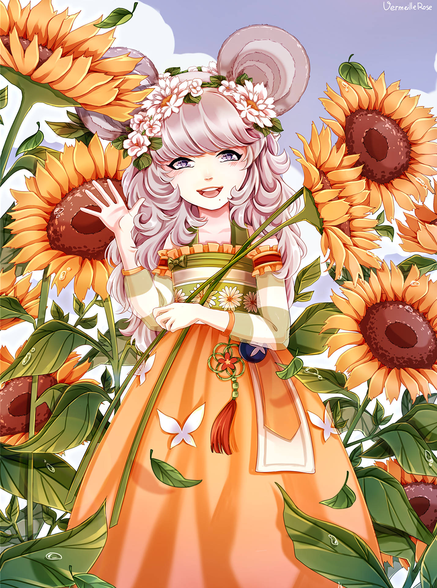 Hình nền cô gái nghệ thuật anime đứng trong cánh đồng hoa hướng dương