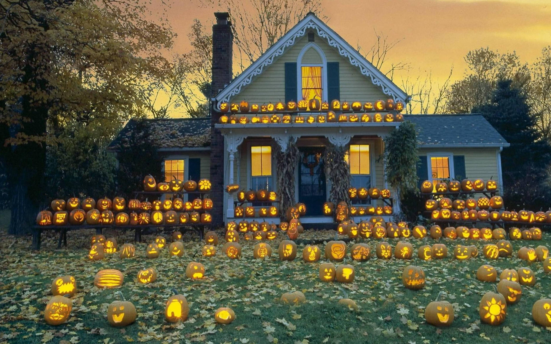 Ngôi nhà Halloween dễ thương với những quả bí ngô Jack O' Lantern Hình nền