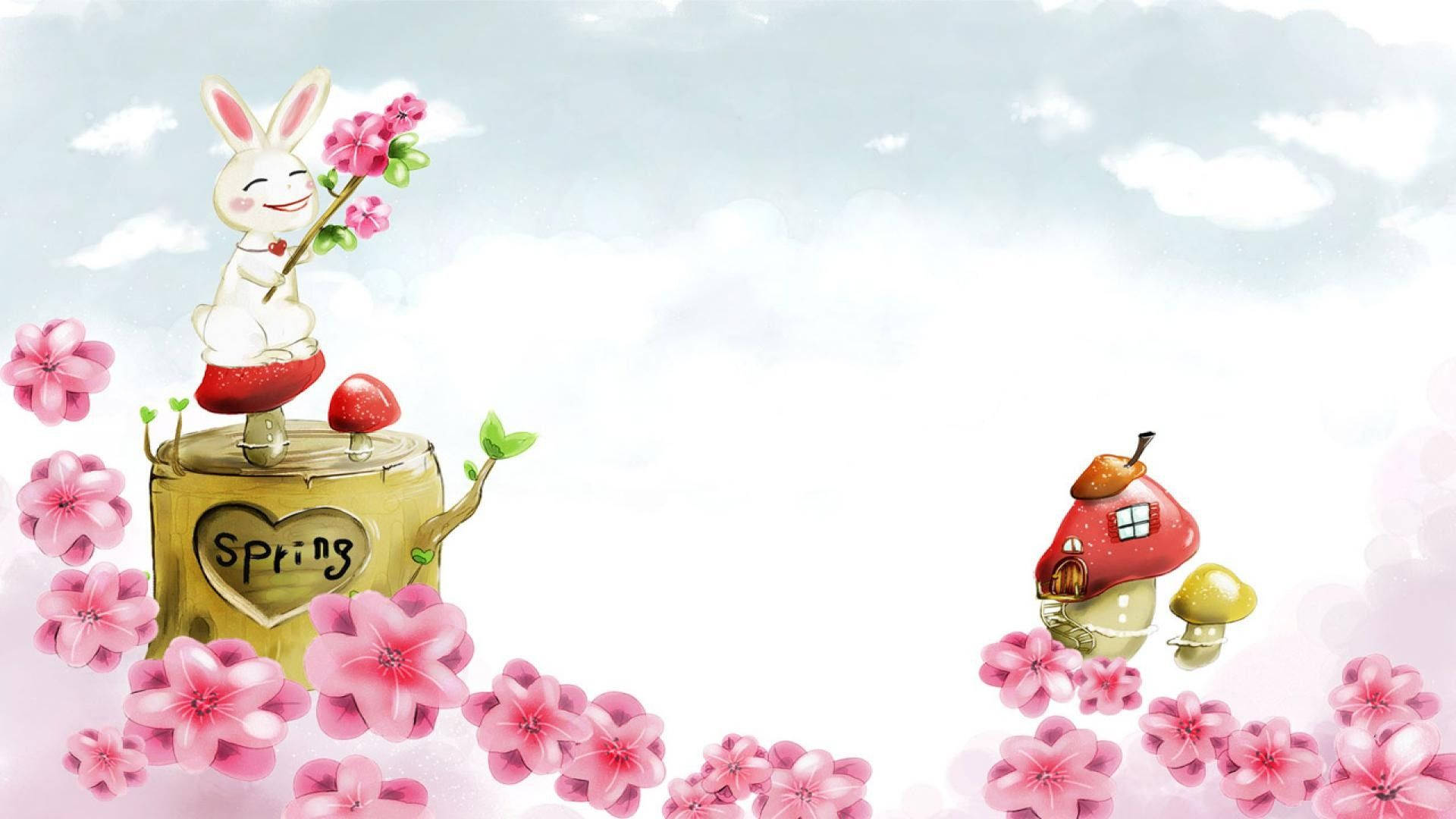Ngôi Nhà Thỏ Dễ Thương Mùa Xuân Hoạt Hình Hình nền
