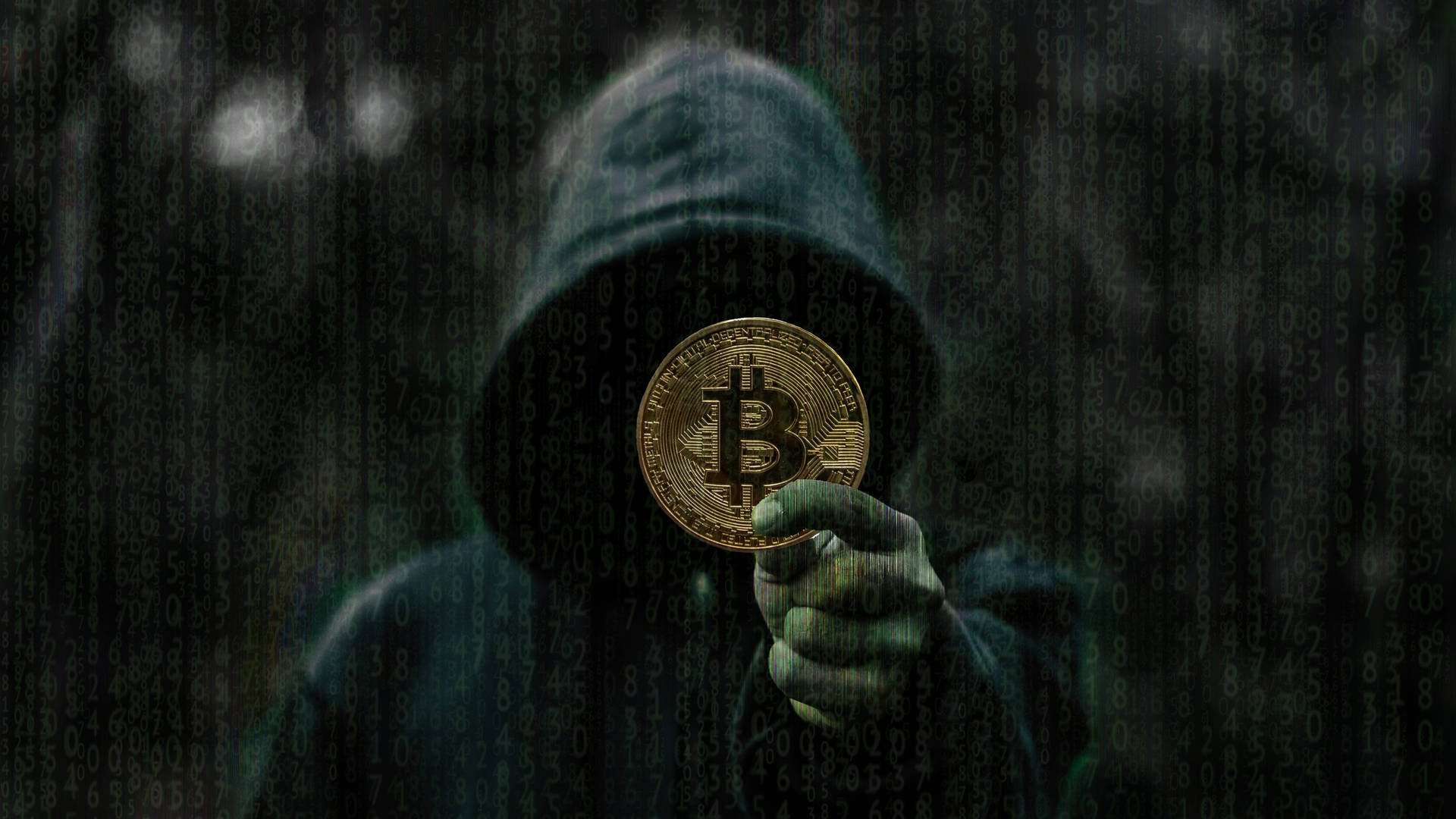 Người đàn ông ẩn danh với nền Bitcoin Crypto