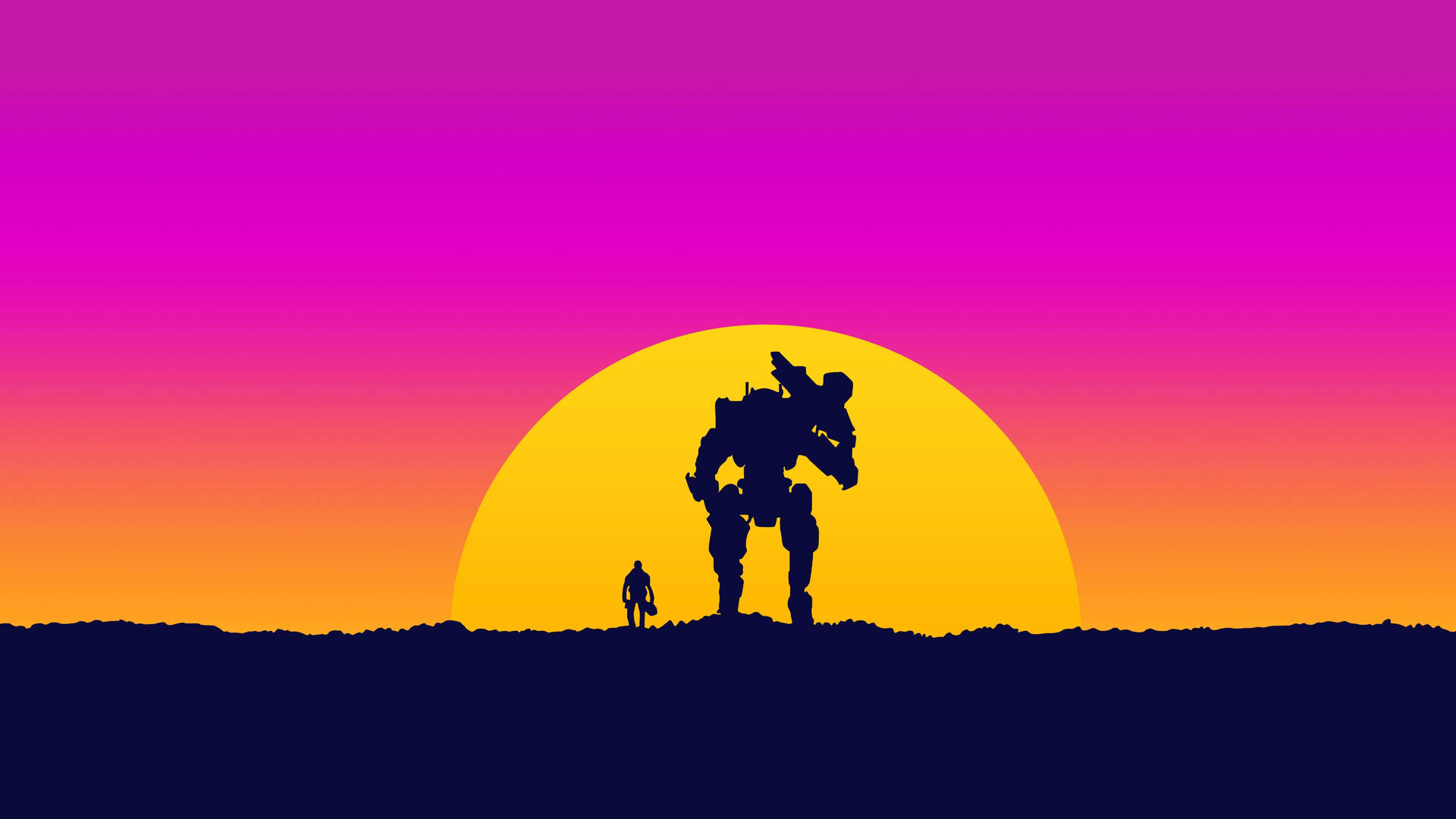 Hình nền Người đàn ông và robot chơi game lúc hoàng hôn