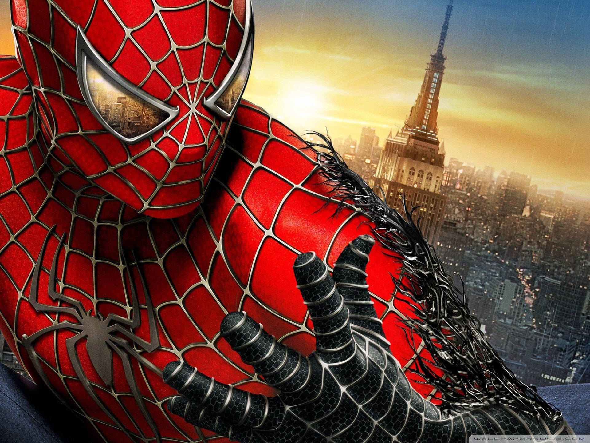 Siêu anh hùng Marvel Người Nhện chuyển sang bộ đồ đen trong một thành phố lớn. — Người nhện Hình nền