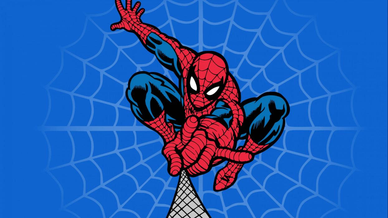 Người Nhện phóng tơ trên nền xanh, truyện tranh siêu anh hùng Marvel.