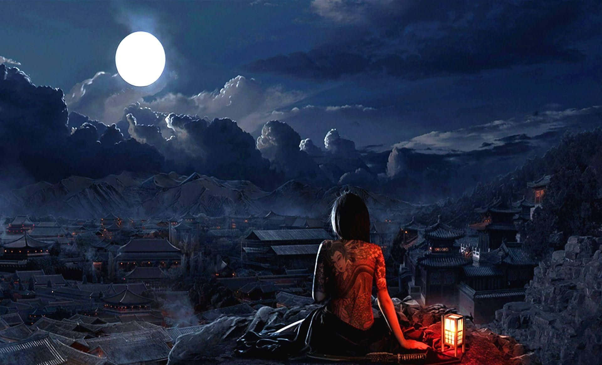 người phụ nữ ngồi trên tảng đá ngắm trăng Hình nền