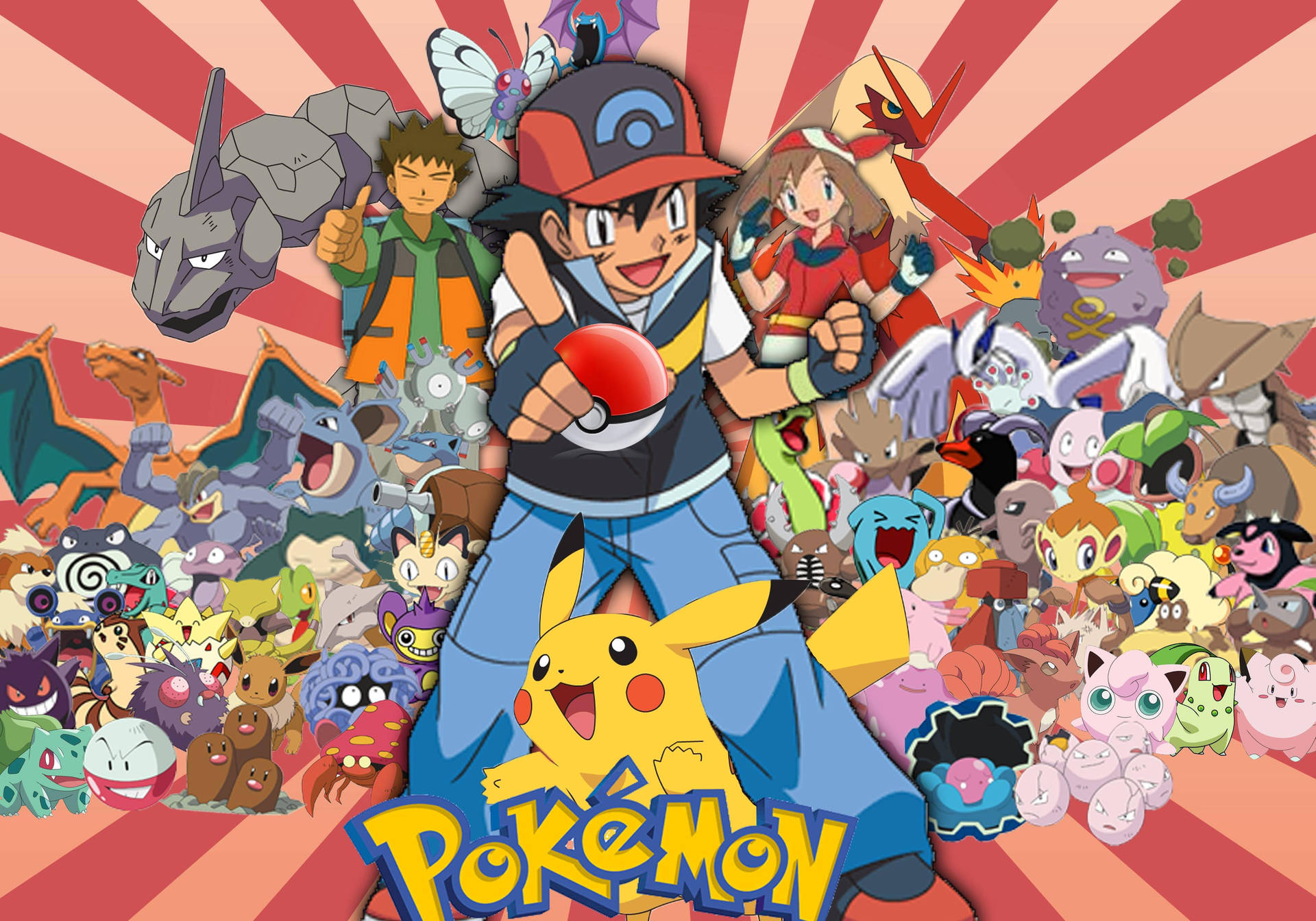 Các nhân vật Pokemon với Ash, Brock, Misty, Pikachu và các Pokemon khác.