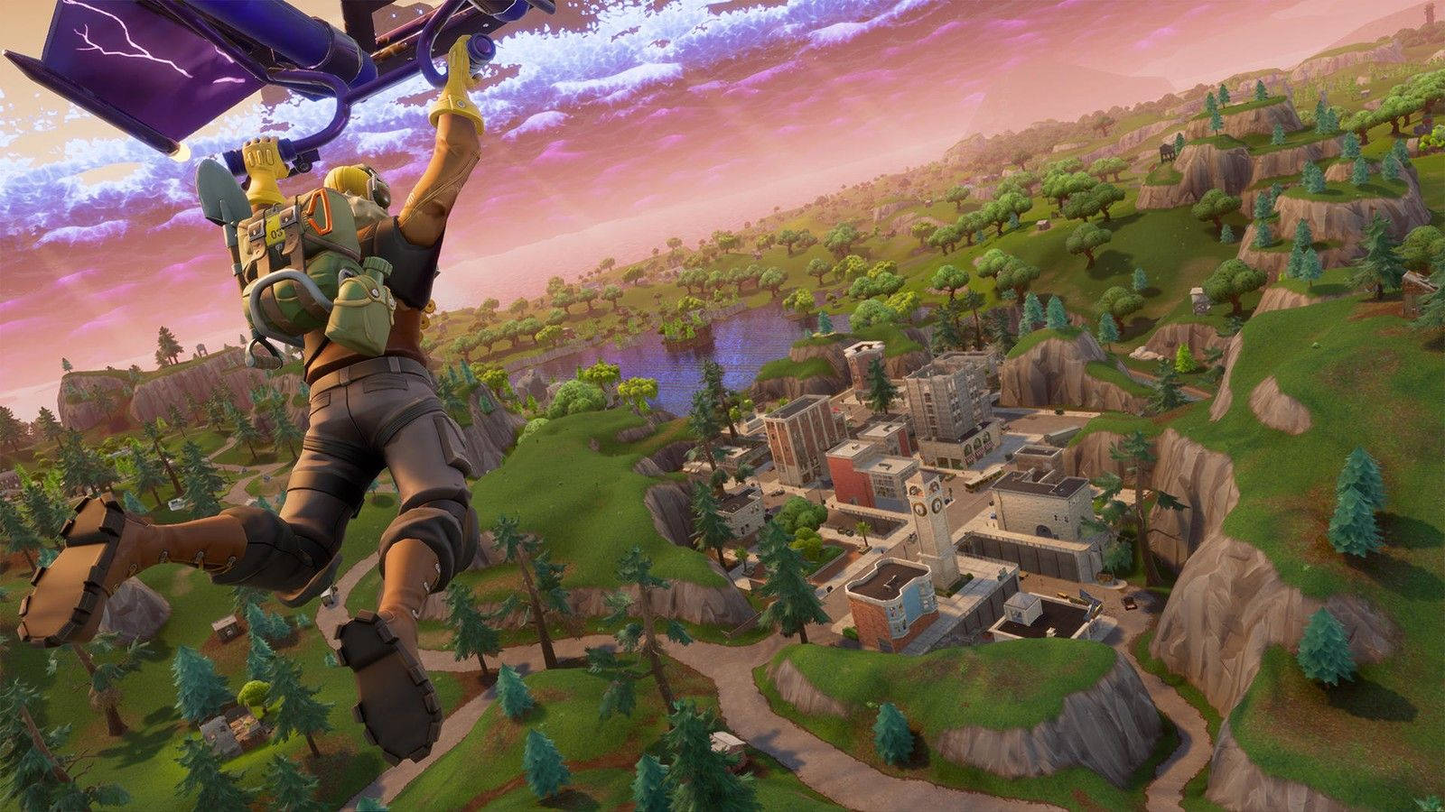 Một nhân vật nam đang lướt về phía một tòa nhà trong hình nền Fortnite.