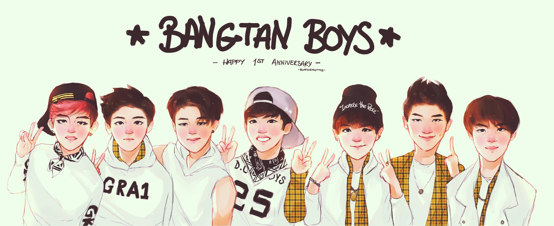 Fanart hoạt hình dễ thương của các chàng trai BTS Bangtan với nền dễ thương.