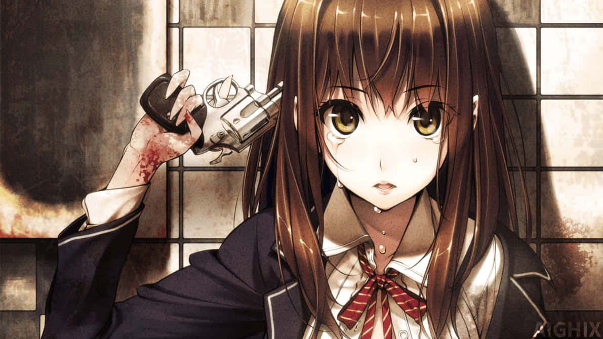Cô gái anime buồn cầm súng chỉ vào đầu với máu trên tay hình nền HD.