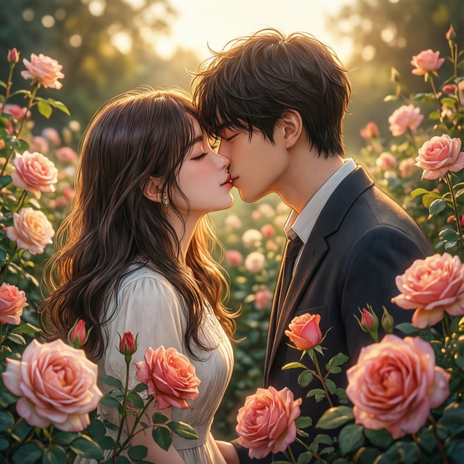 Nụ hôn lên trán trong vườn hoa hồng Hình nền