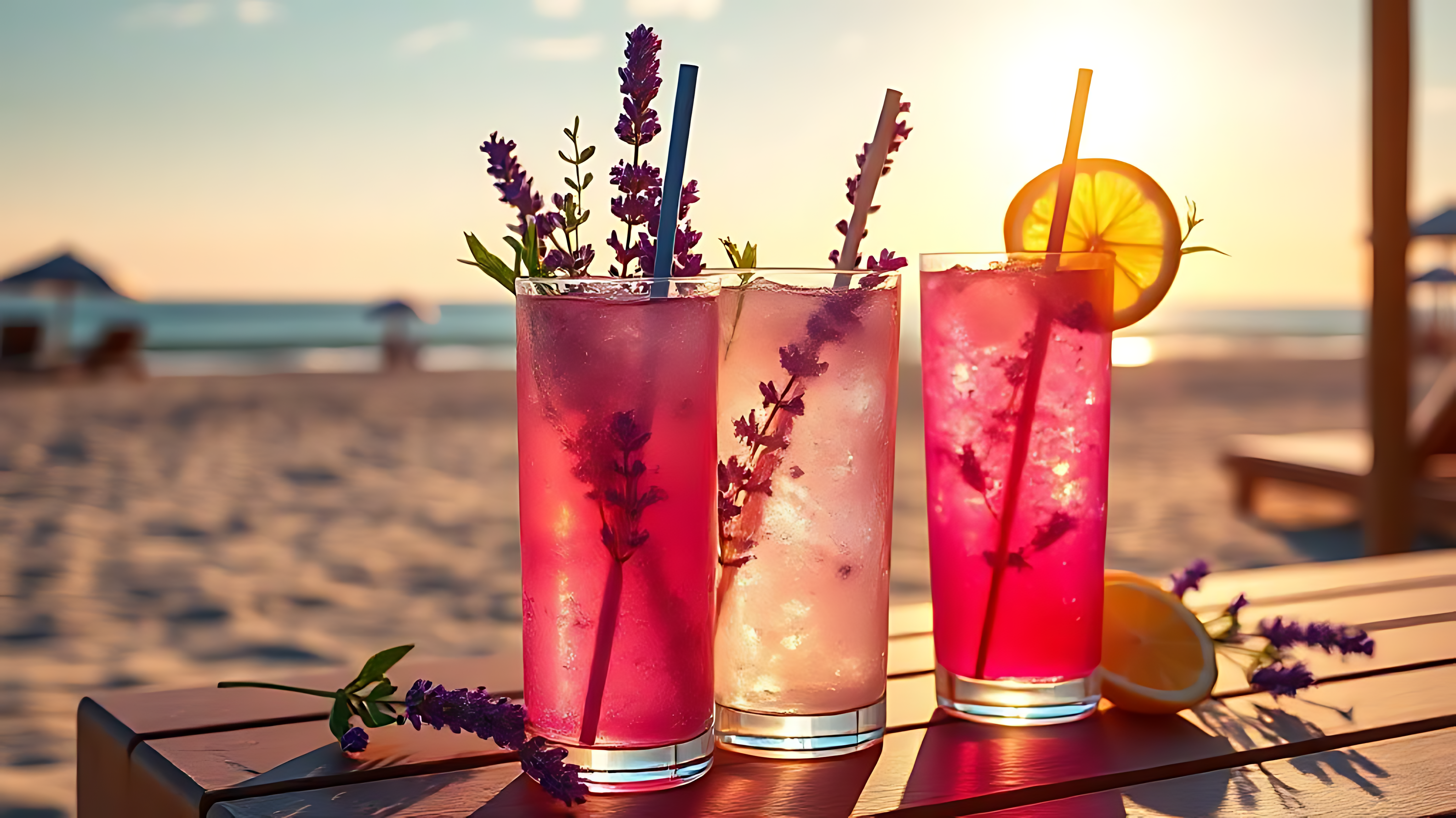 Đồ uống đỏ và tím với hoa oải hương trên bãi biển Hình nền