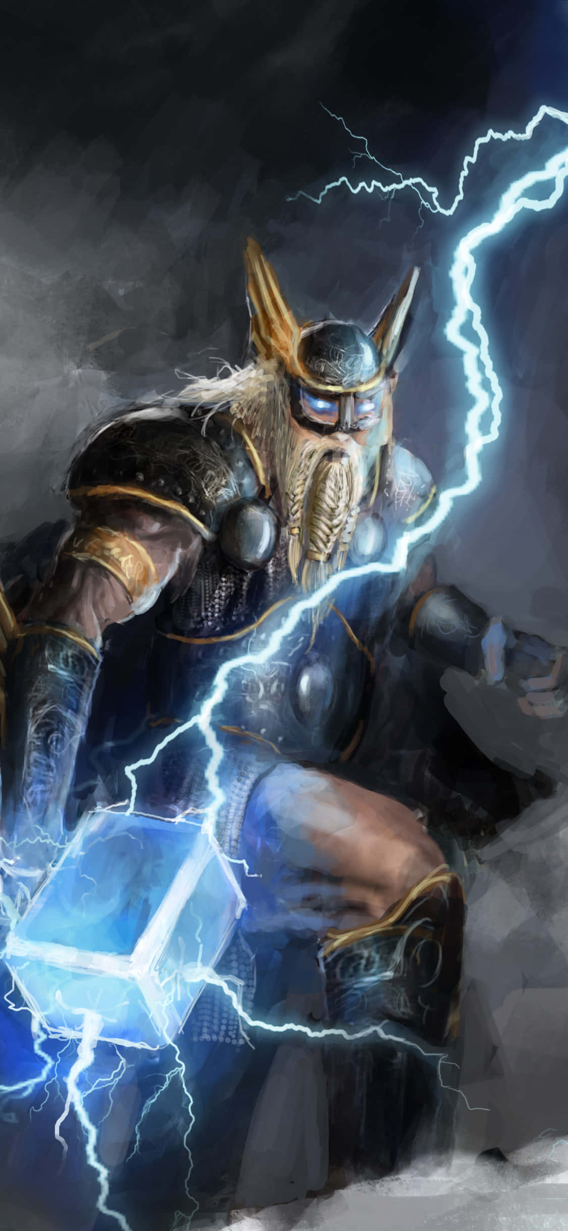 Odin ngồi trên ngai vàng, được bao quanh bởi những đám mây huyền bí và chiếu sáng bởi một nguồn sáng vô hình. Hình nền