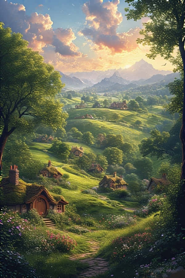 Đồi Hobbiton và Nhà Hobbit Huyền Ảo 4K Hình nền