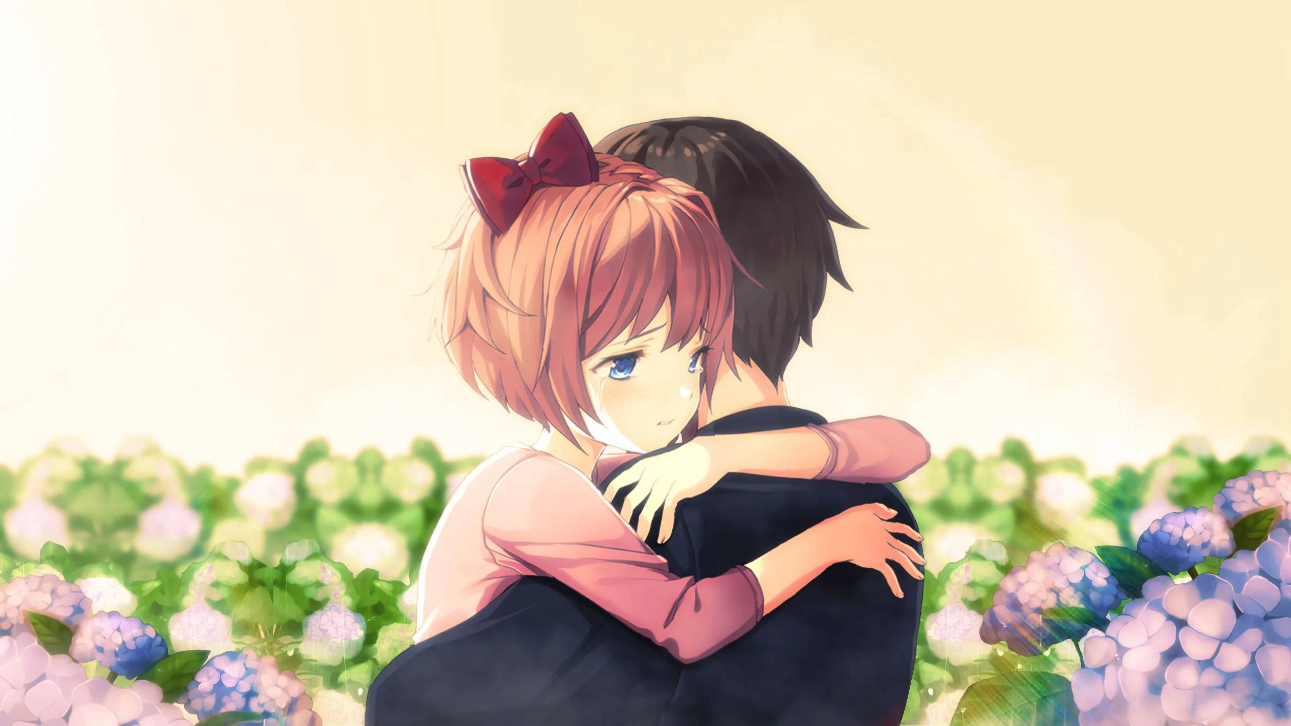 Ôm nhau trong vườn hoa anime Hình nền