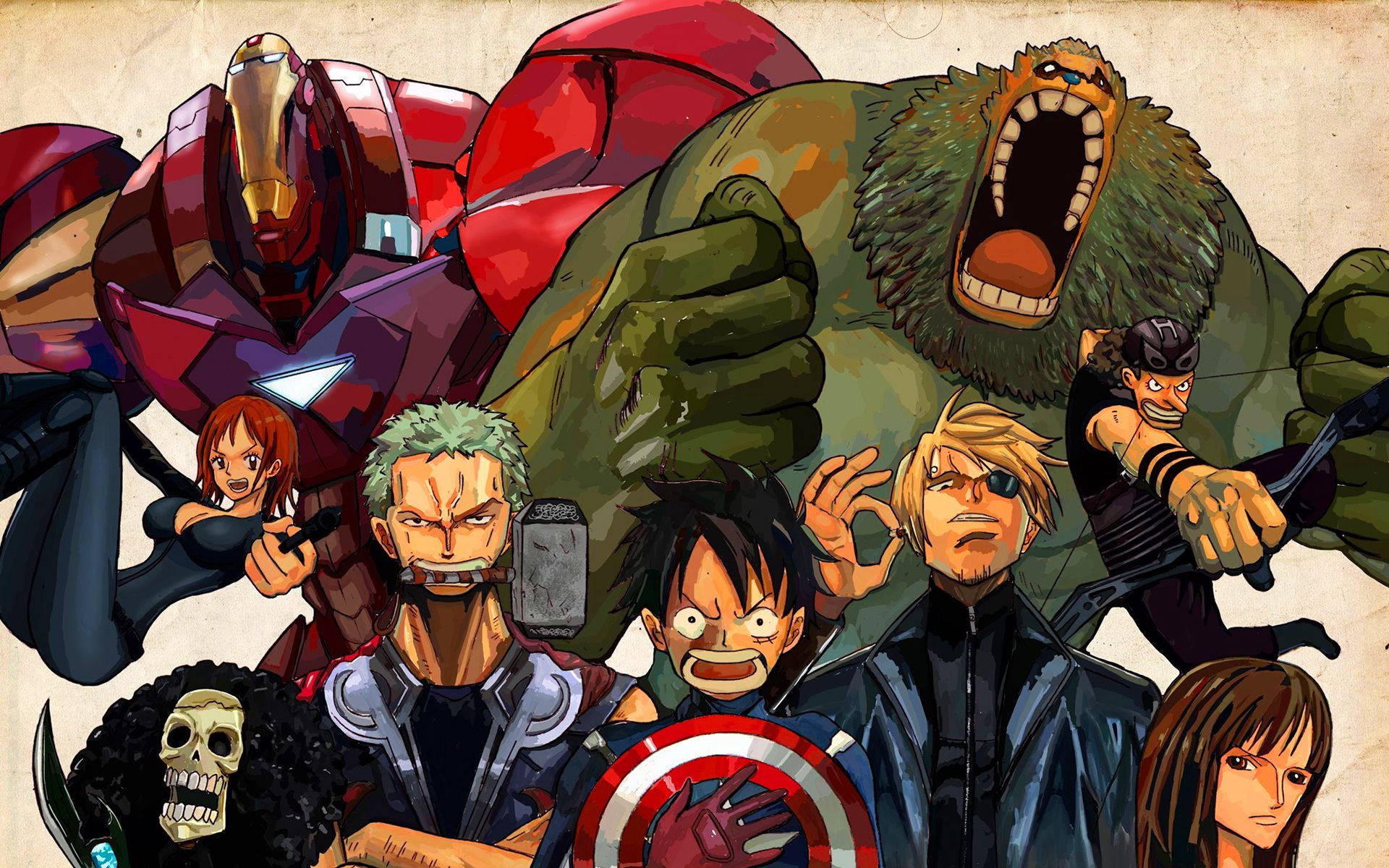 Hình nền One Piece băng hải tặc kết hợp siêu anh hùng Marvel.