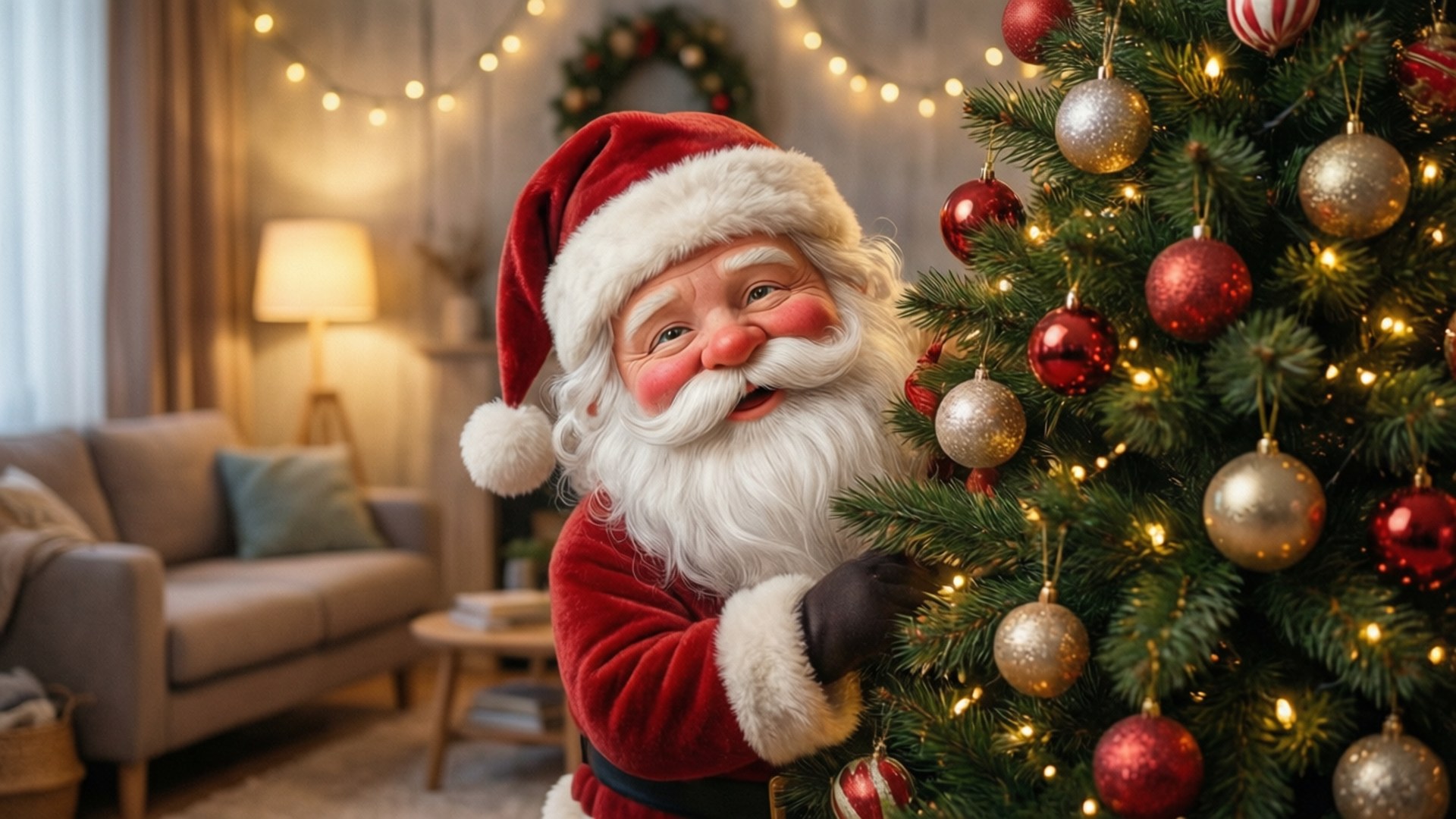 Ông già Noel núp sau cây thông Hình nền